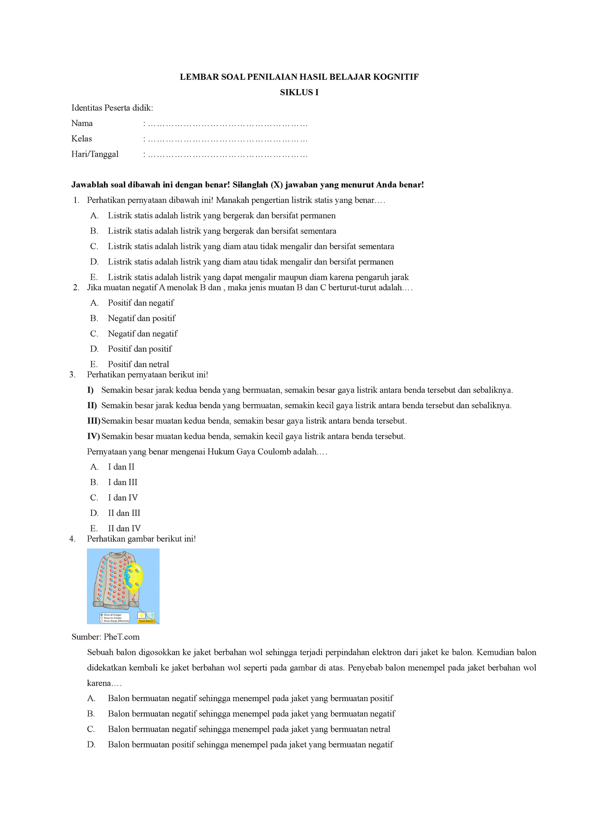 Soal Sumatif Sub Topik Muatan Dan Hukum Coulomb - LEMBAR SOAL PENILAIAN ...