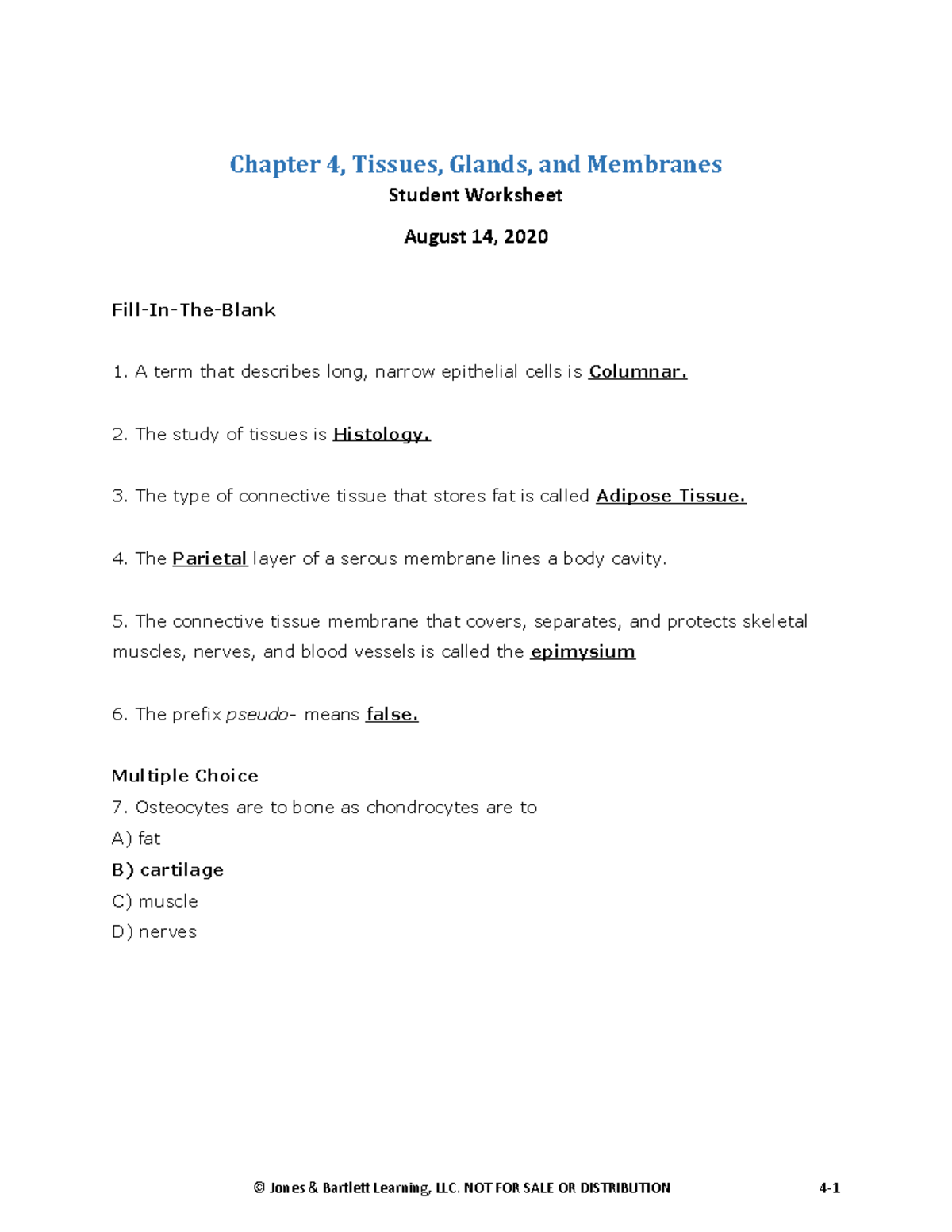 #4- Chapter 4 Worksheet Student August 14 2020 - Chapter 4, Tissues ...
