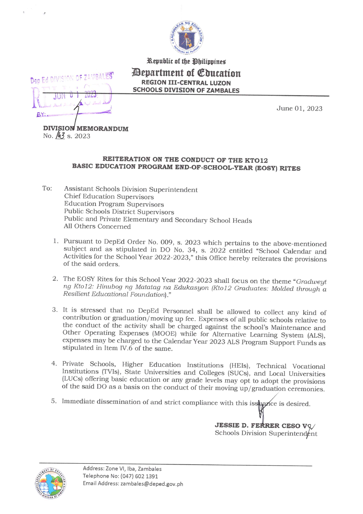 DM No. 163, s. 2023 - Reiteration on the Conduct of the K to 12 Basic ...