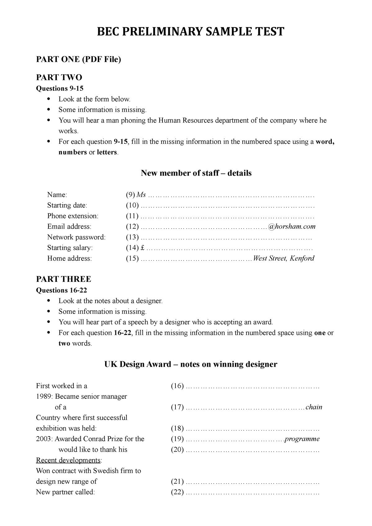 BEC Preliminary Listening Sample TEST - BEC PRELIMINARY SAMPLE TEST ...