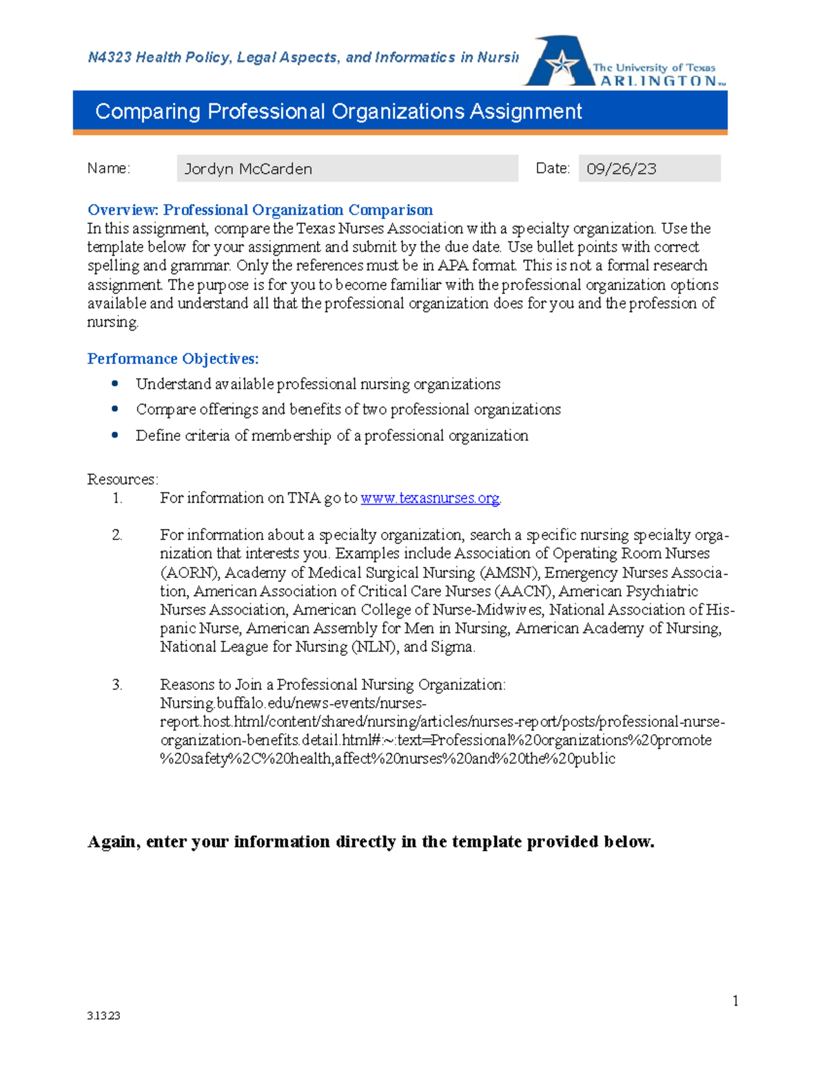 Professional Organization Assignment-1 - Name: Jordyn McCarden Date: 09 ...