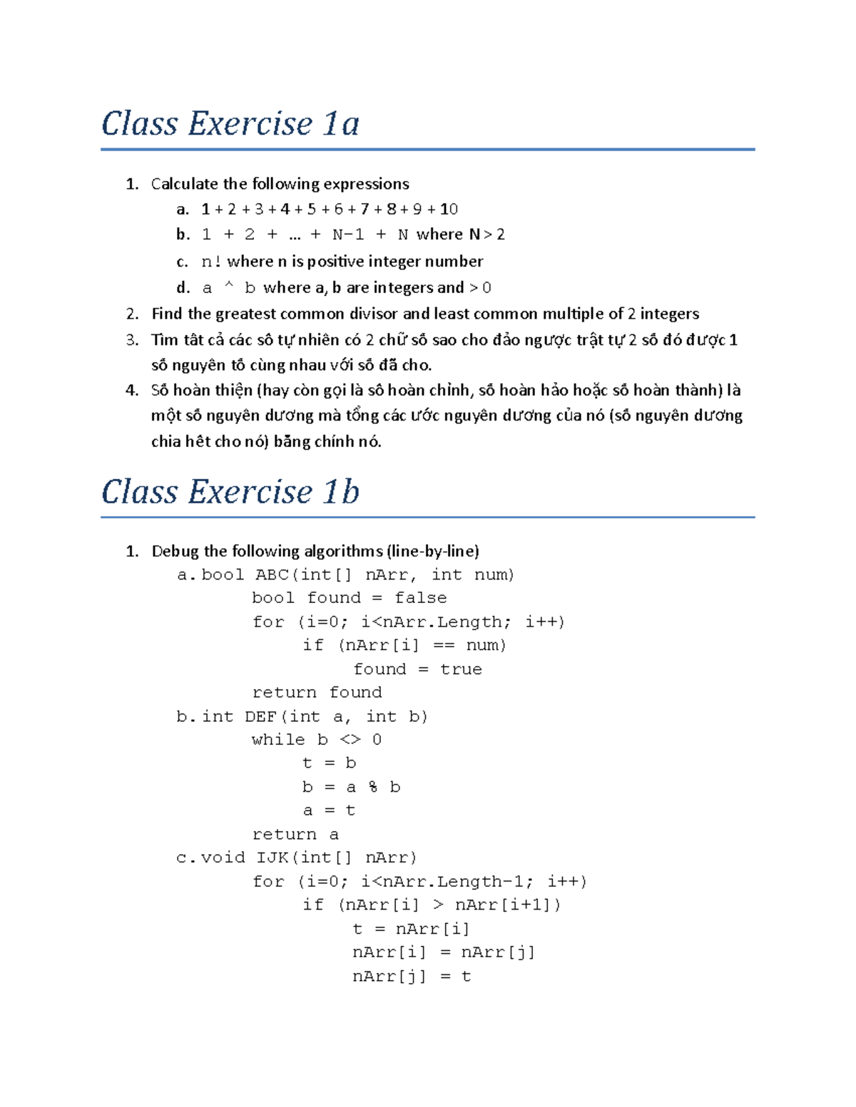 Exercise 01 - Lecture notes 1 - Class Exercise 1a Calculate the ...