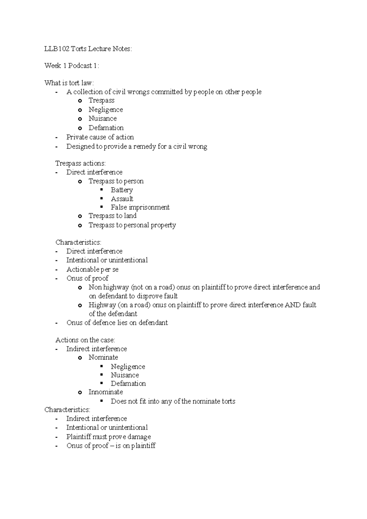 Llb102 Torts Lecture Notes Llb102 Torts Lecture Notes Week 1 Podcast 1 What Is Tort Law A Llb102 Torts Lecture Notes Llb102 Torts Lecture Notes Week 1 Podcast 1 What Is Tort Law A