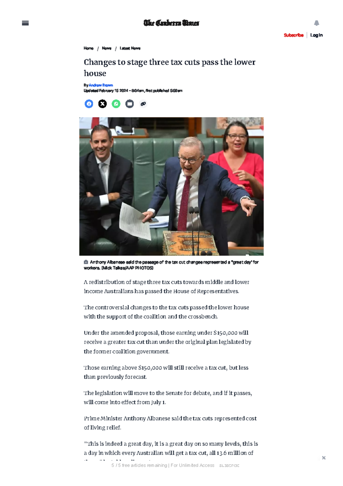 Changes to stage three tax cuts pass the lower house The Canberra Times ...
