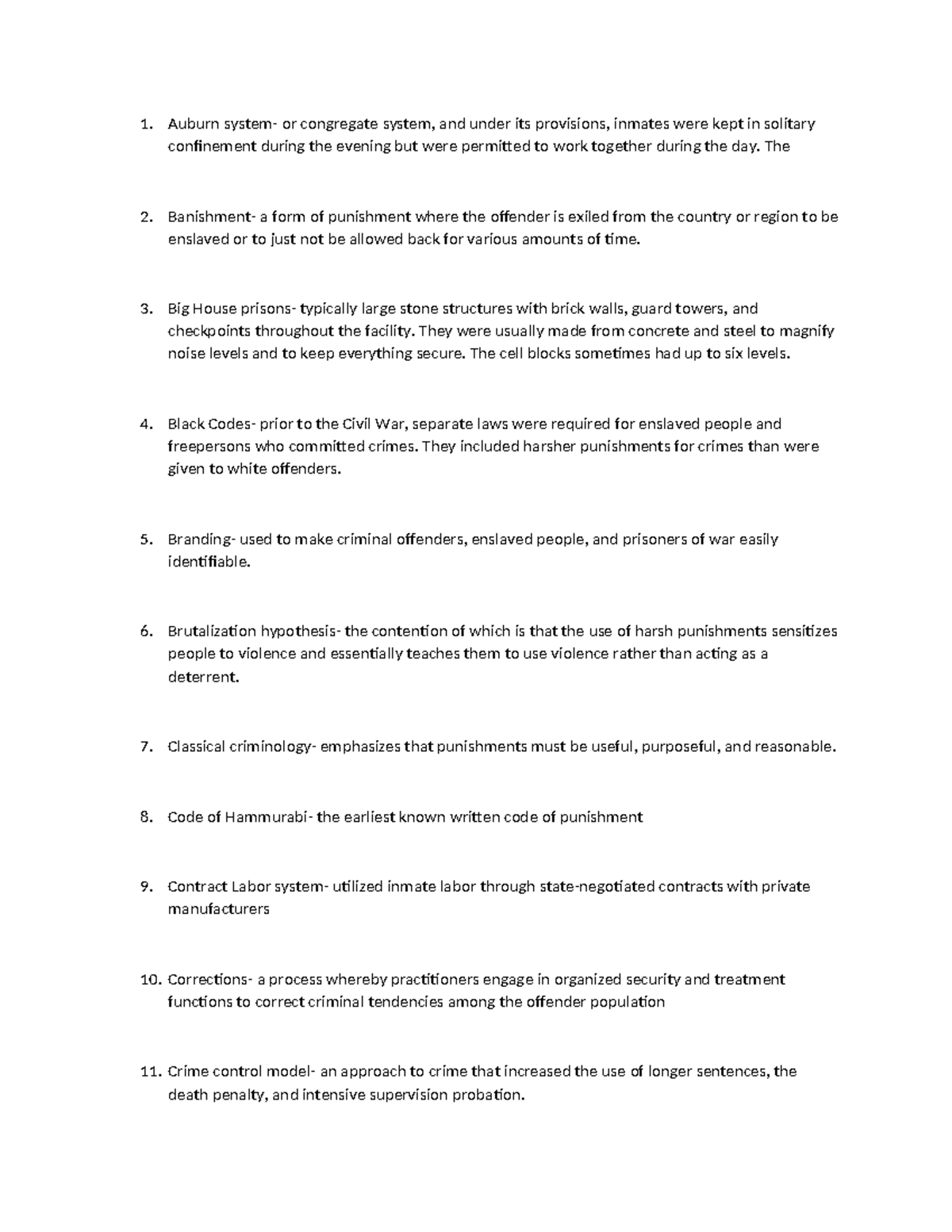 Chapter 1 terms - notes - Auburn system- or congregate system, and ...