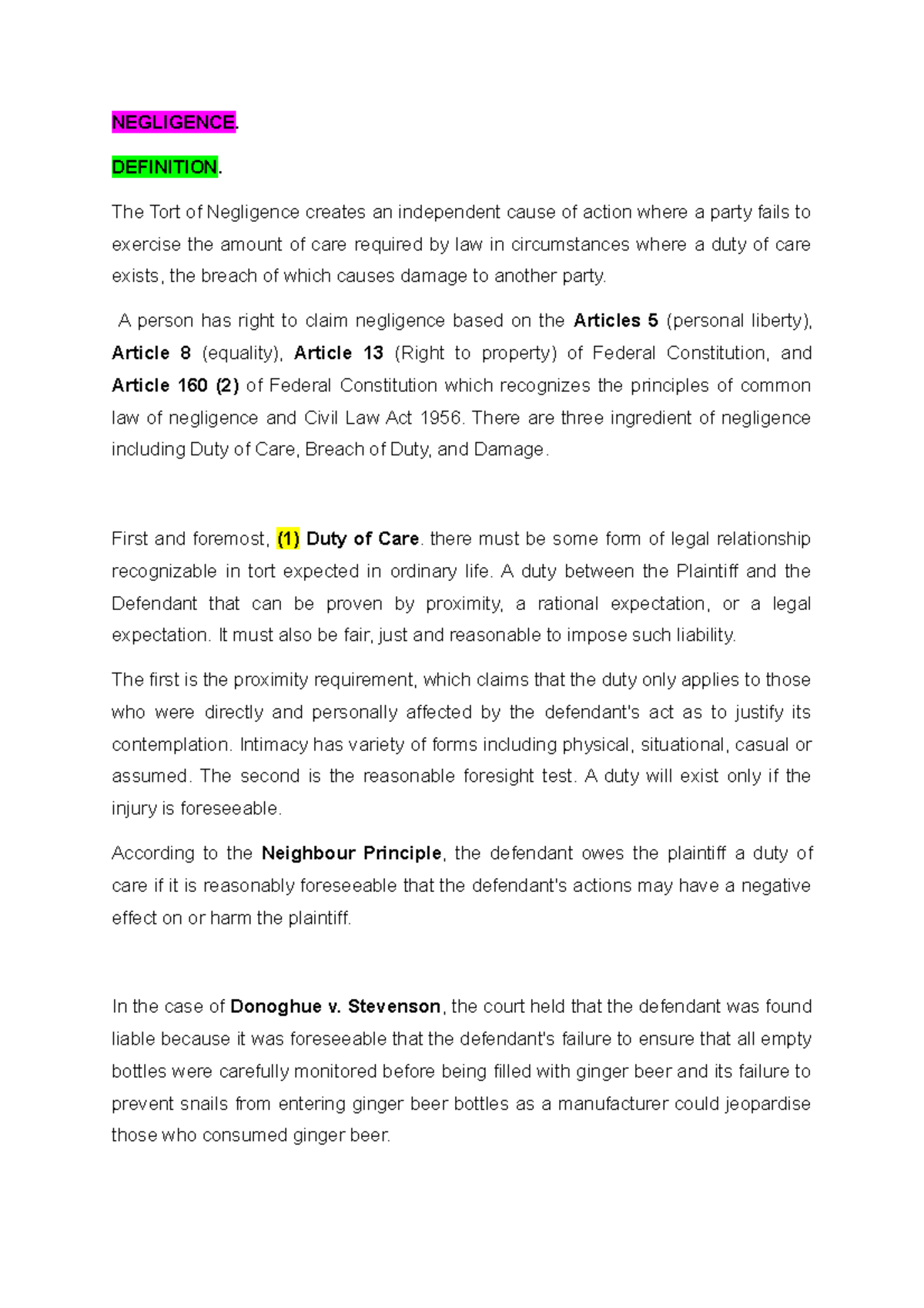 Negligence LAW - Notes Law245 - NEGLIGENCE. DEFINITION. The Tort Of ...