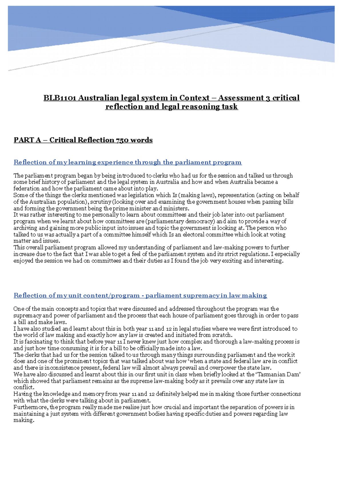Critical reflection and legal reasoning task - BLB1101 Australian legal ...