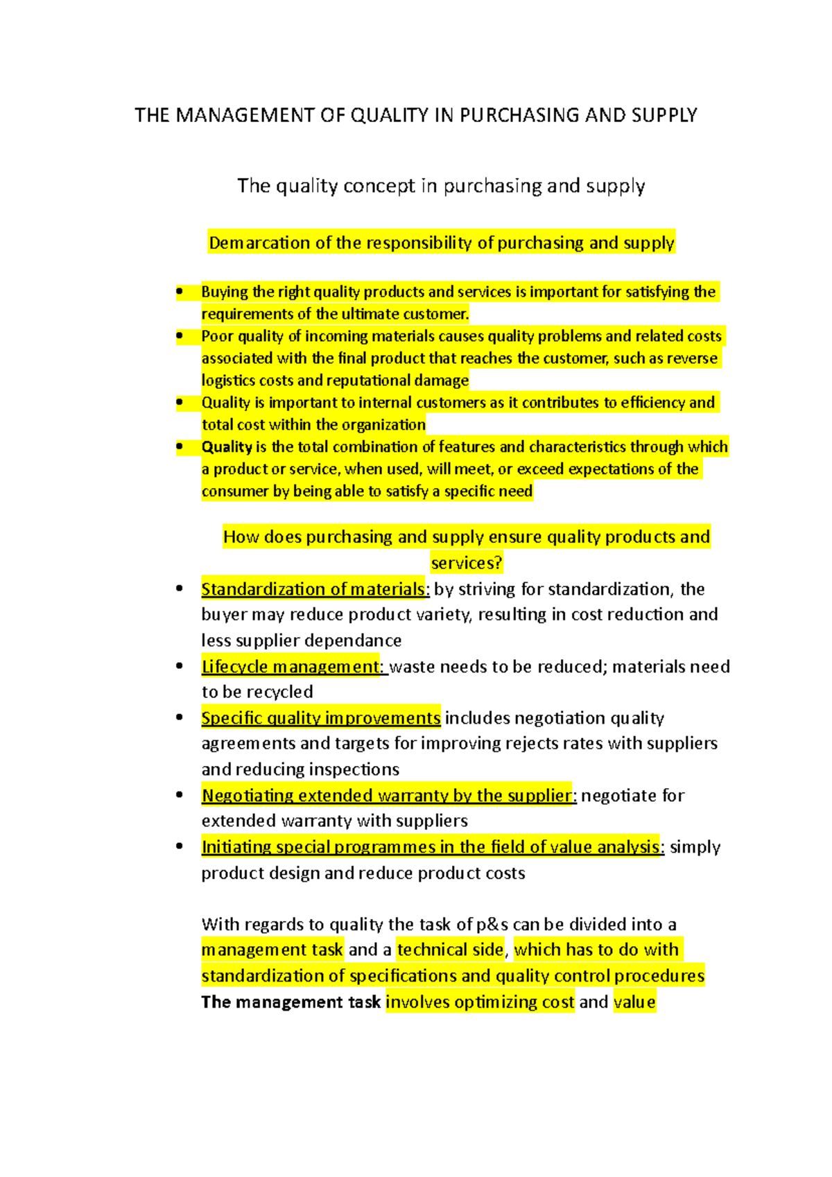 Chapter 7 - notes - THE MANAGEMENT OF QUALITY IN PURCHASING AND SUPPLY ...