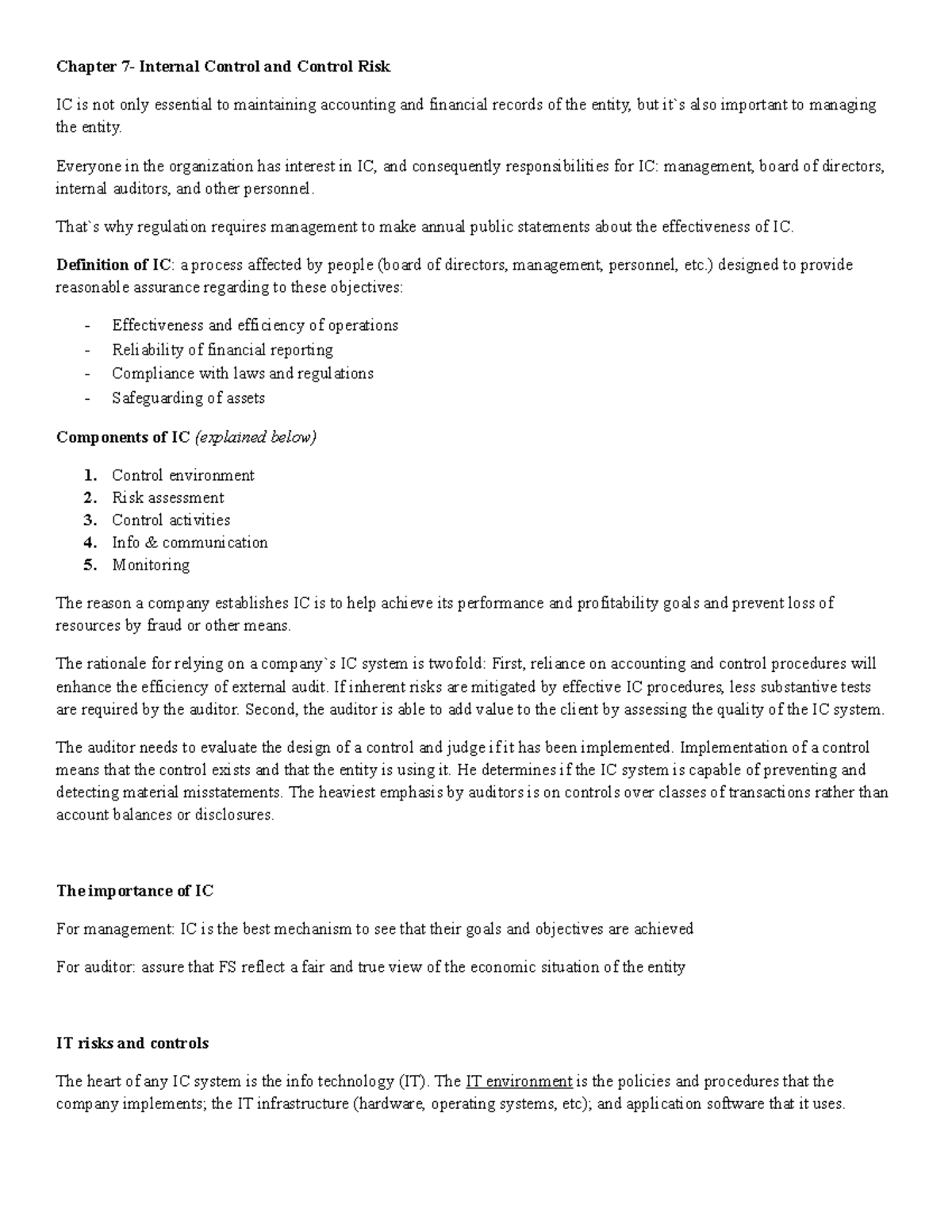 Chapter 7 - Principles Of Auditing - Chapter 7- Internal Control And ...