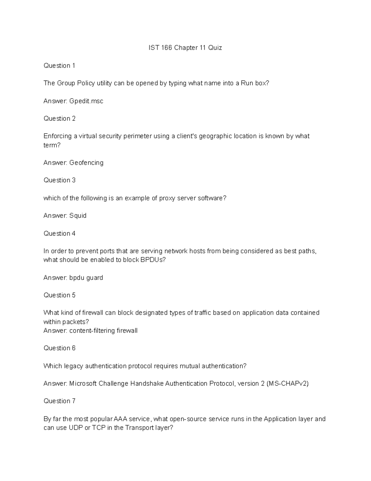 IST 166 Chapter 11 Quiz Module 11 Practice Problems IST 166