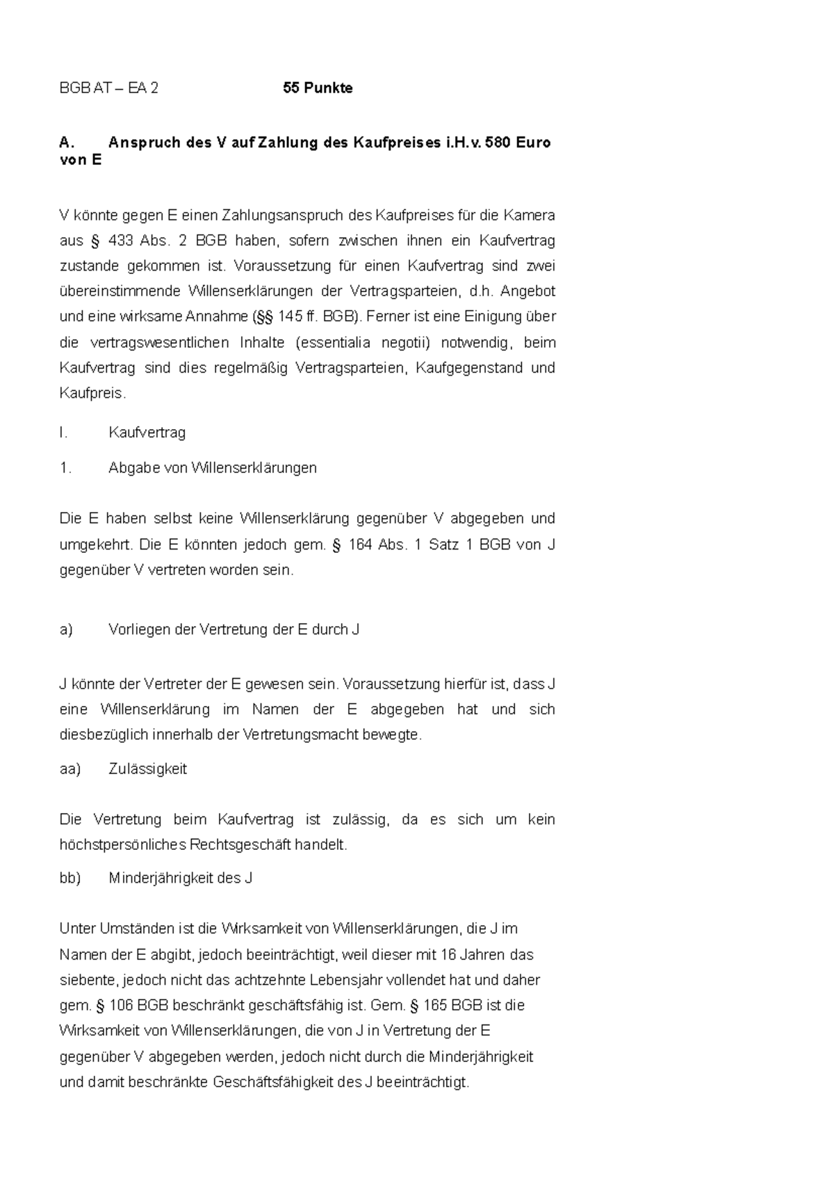 Anspruch Auf Rückzahlung Des Kaufpreises Lösungsskizze EA 2 BGB AT - A. Anspruch des V auf Zahlung des