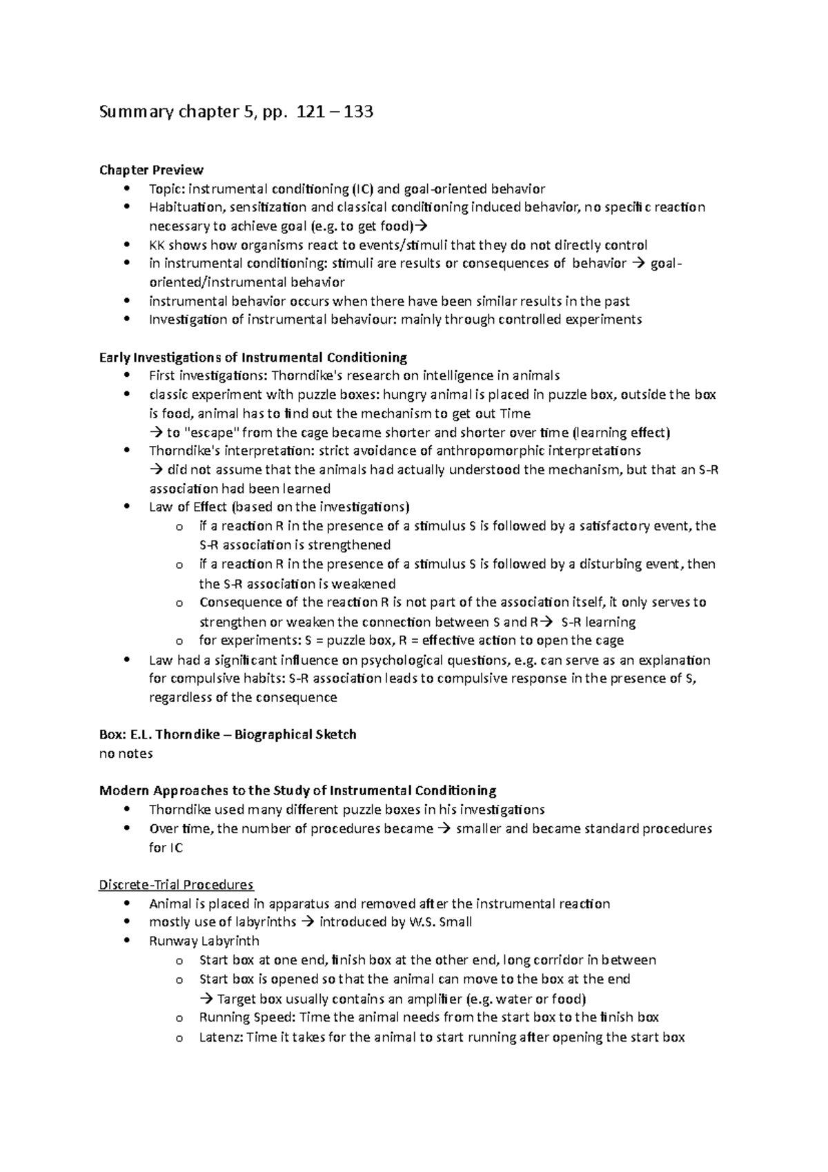 Summary Chapter 5 Instrumental conditioning Summary chapter 5, pp