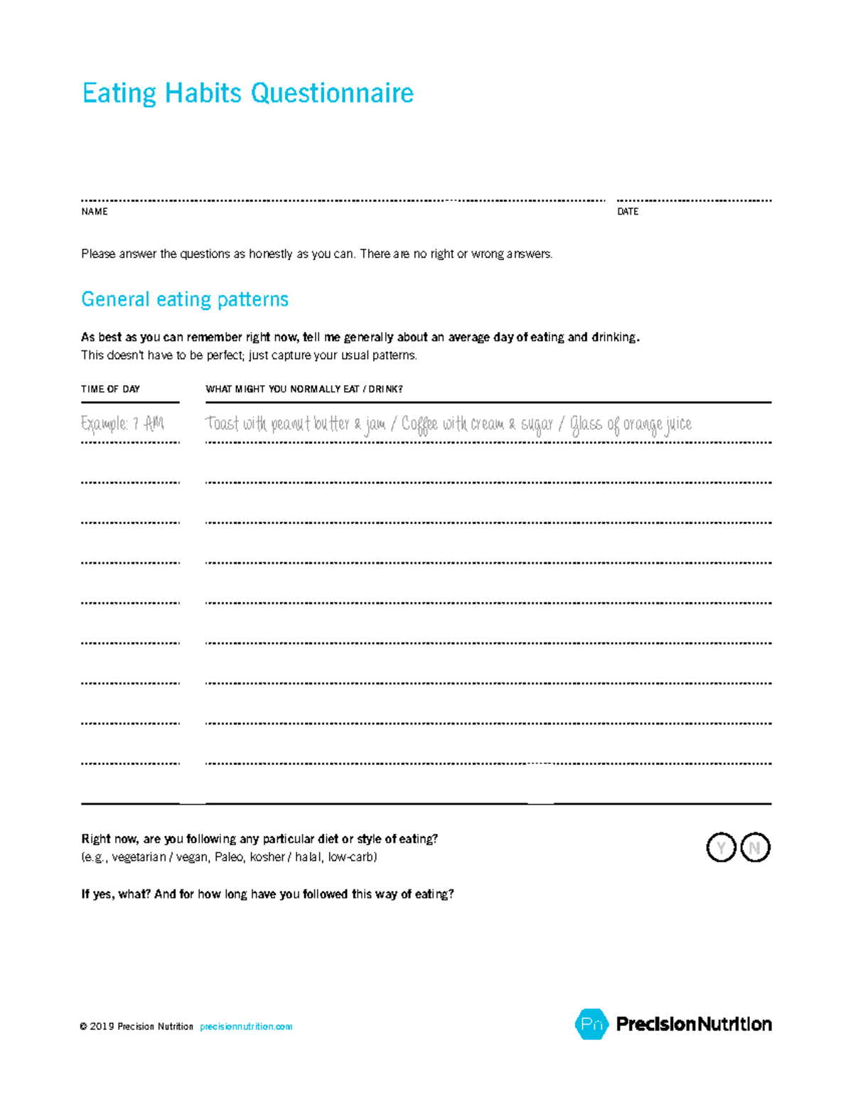 Eating Habits Questionnaire Form Fillable V4 2019 - Eating Habits ...