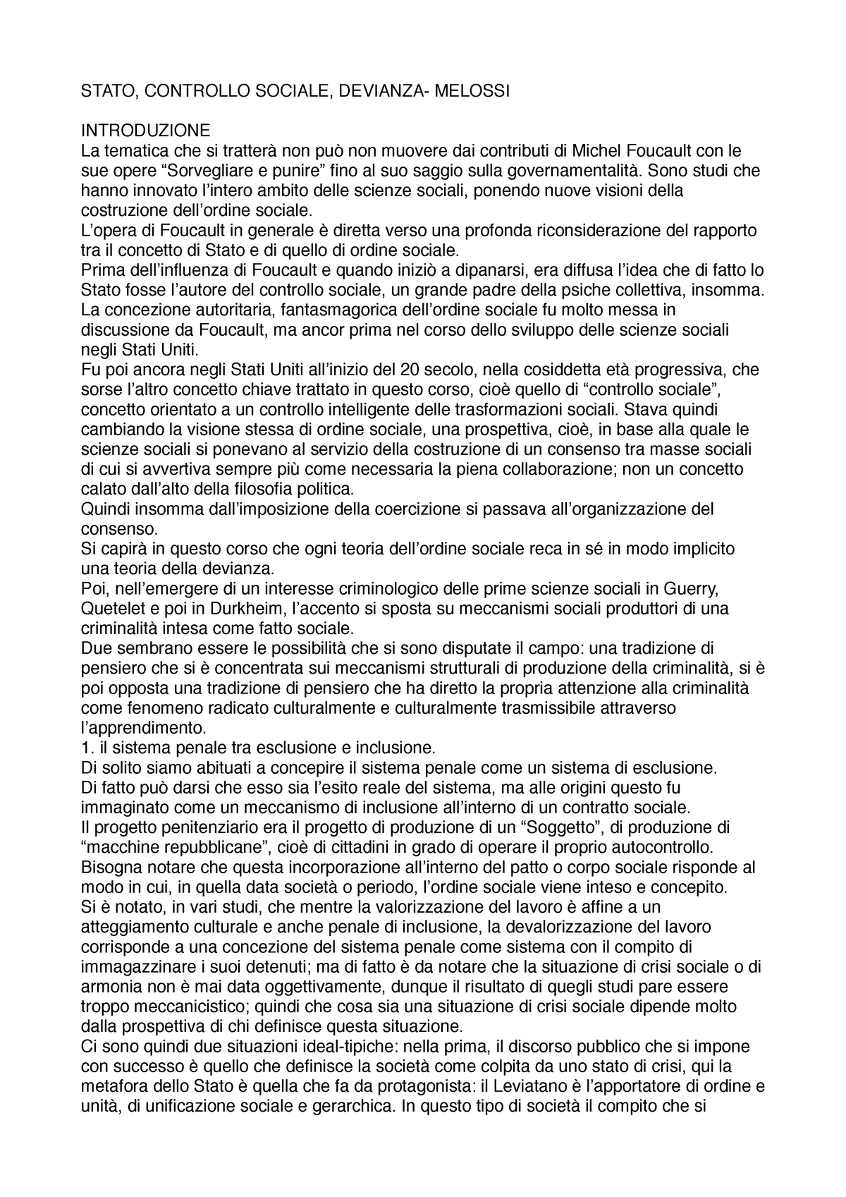 Stato controllo sociale e devianza - STATO, CONTROLLO SOCIALE, DEVIANZA-  MELOSSI INTRODUZIONE La - Studocu