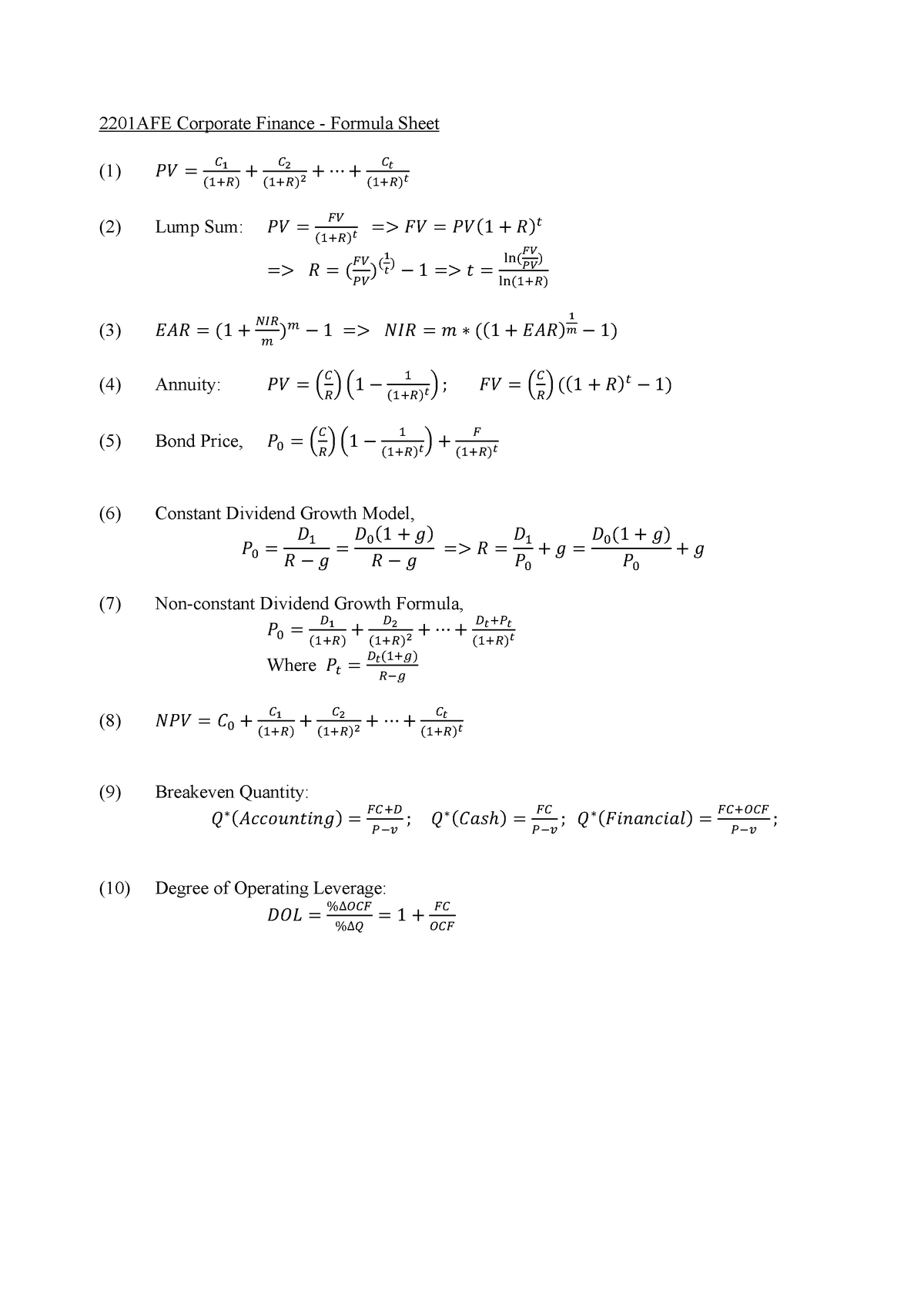 Formula Sheet Summary 2201afe Corporate Finance Formula Sheet 1 2 Lump Sum 1 Ab 6841