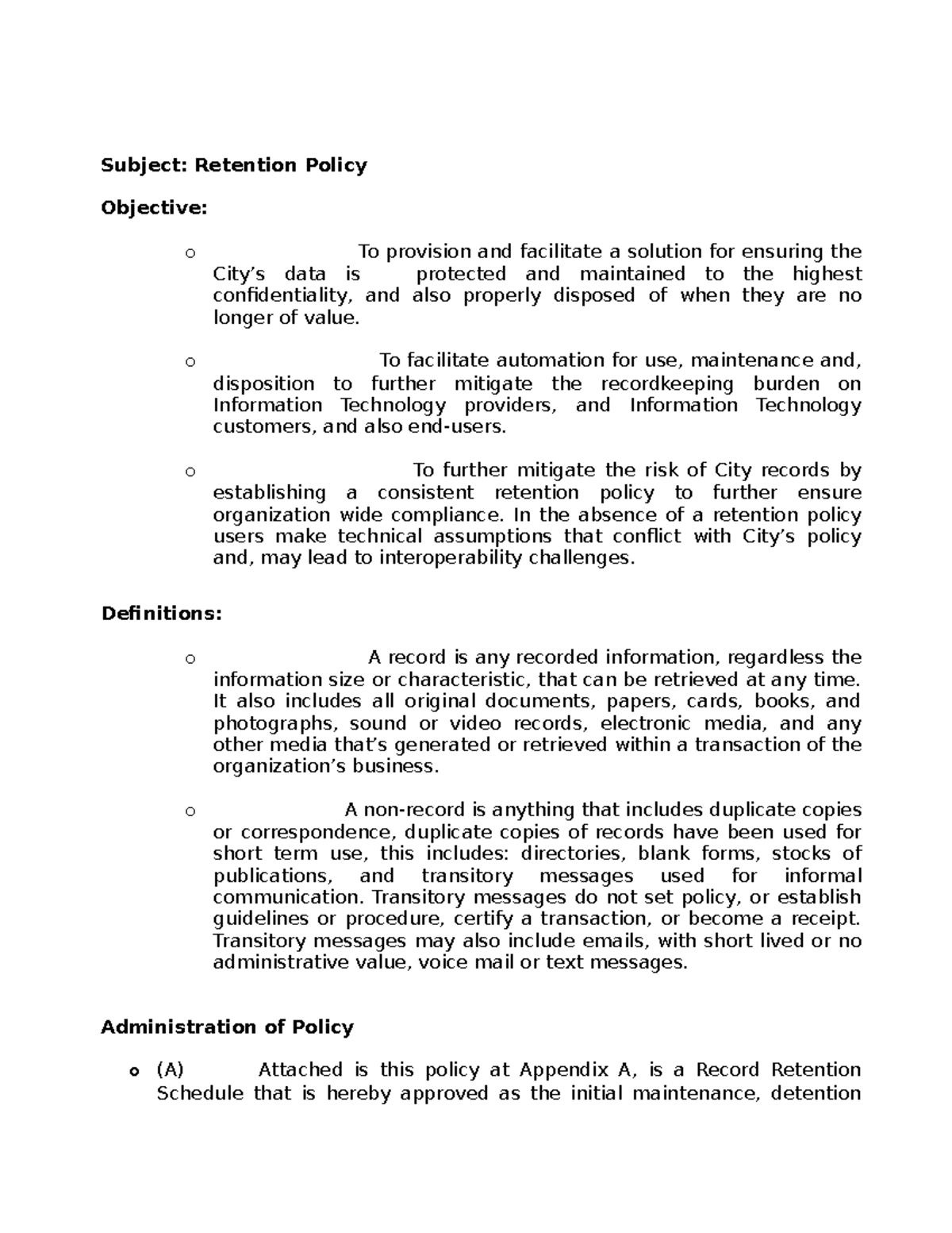 Retention 1111 - paper for school - Subject: Retention Policy Objective ...