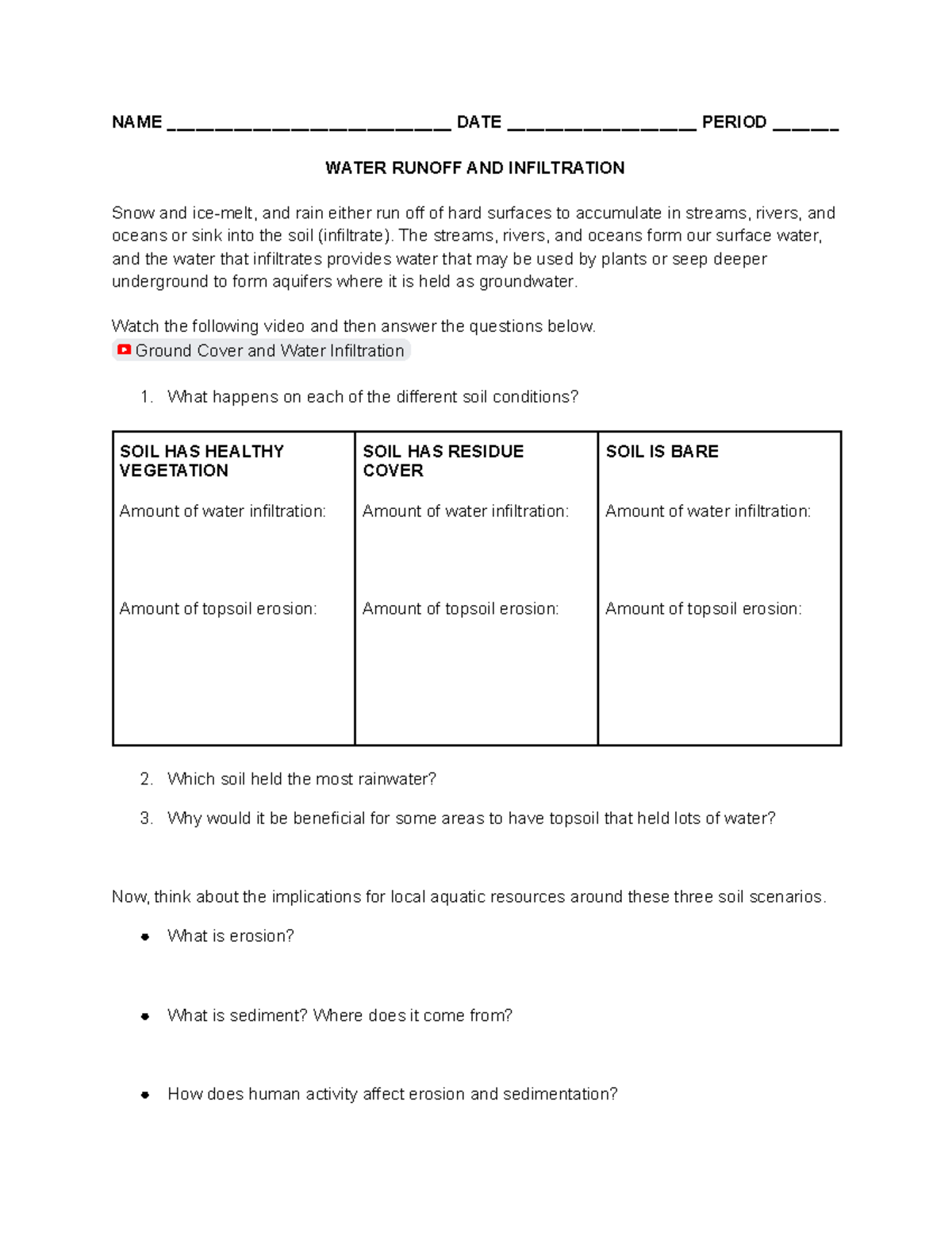 Aquatic Science Water Runoff AND Infiltration NAME