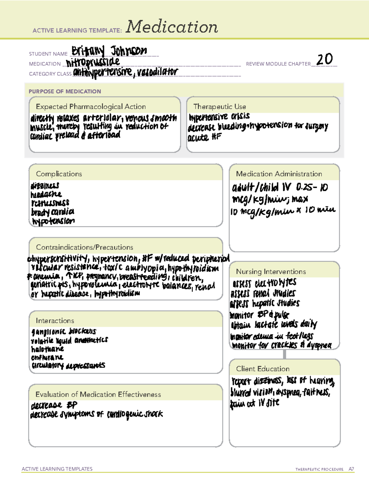 MED nitroprusside ATI ACTIVE LEARNING TEMPLATES THERAPEUTIC PROCEDURE A Medication STUDENT