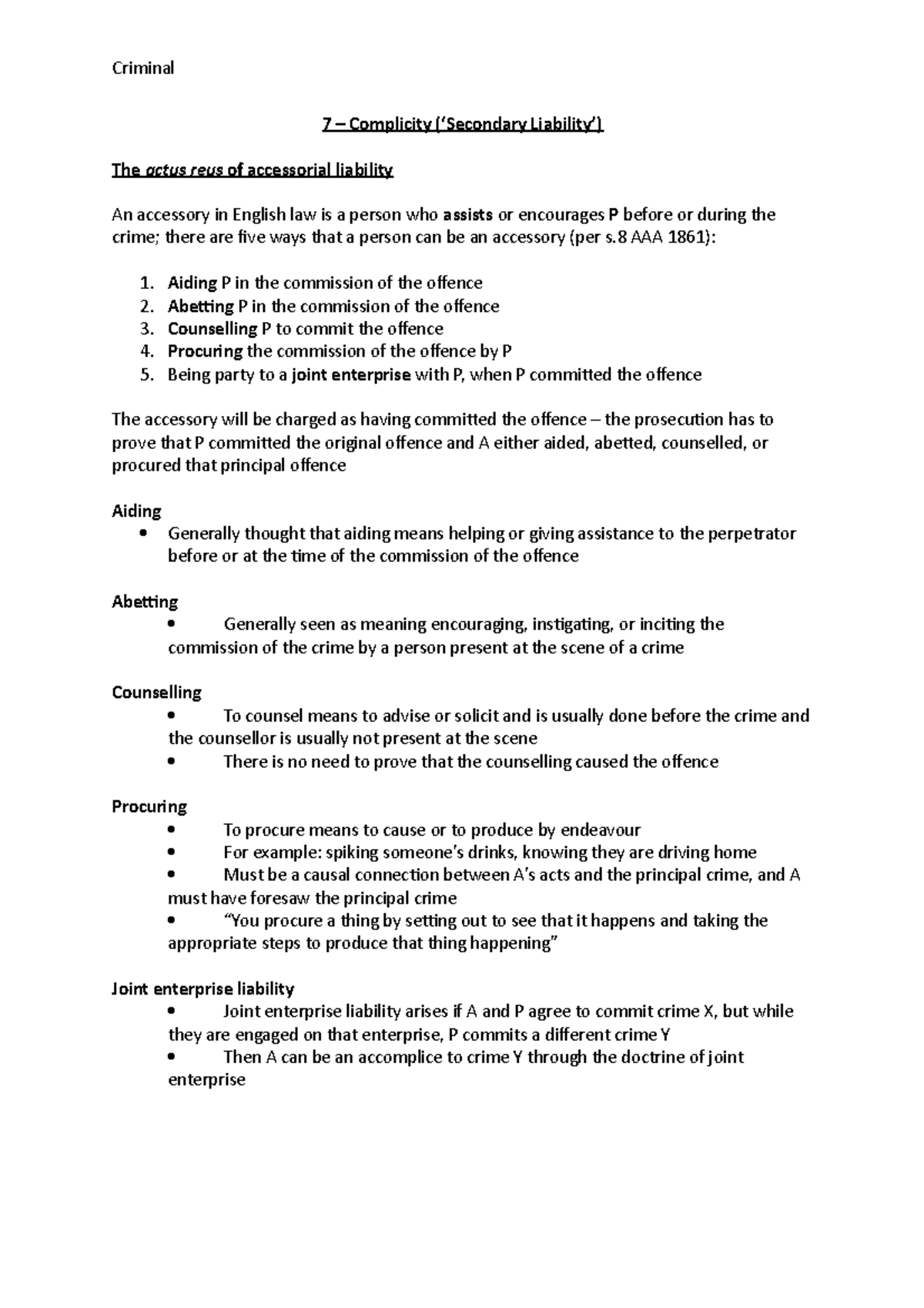 7 – Complicity - Summary Criminal Law - Criminal 7 Complicity The actus ...