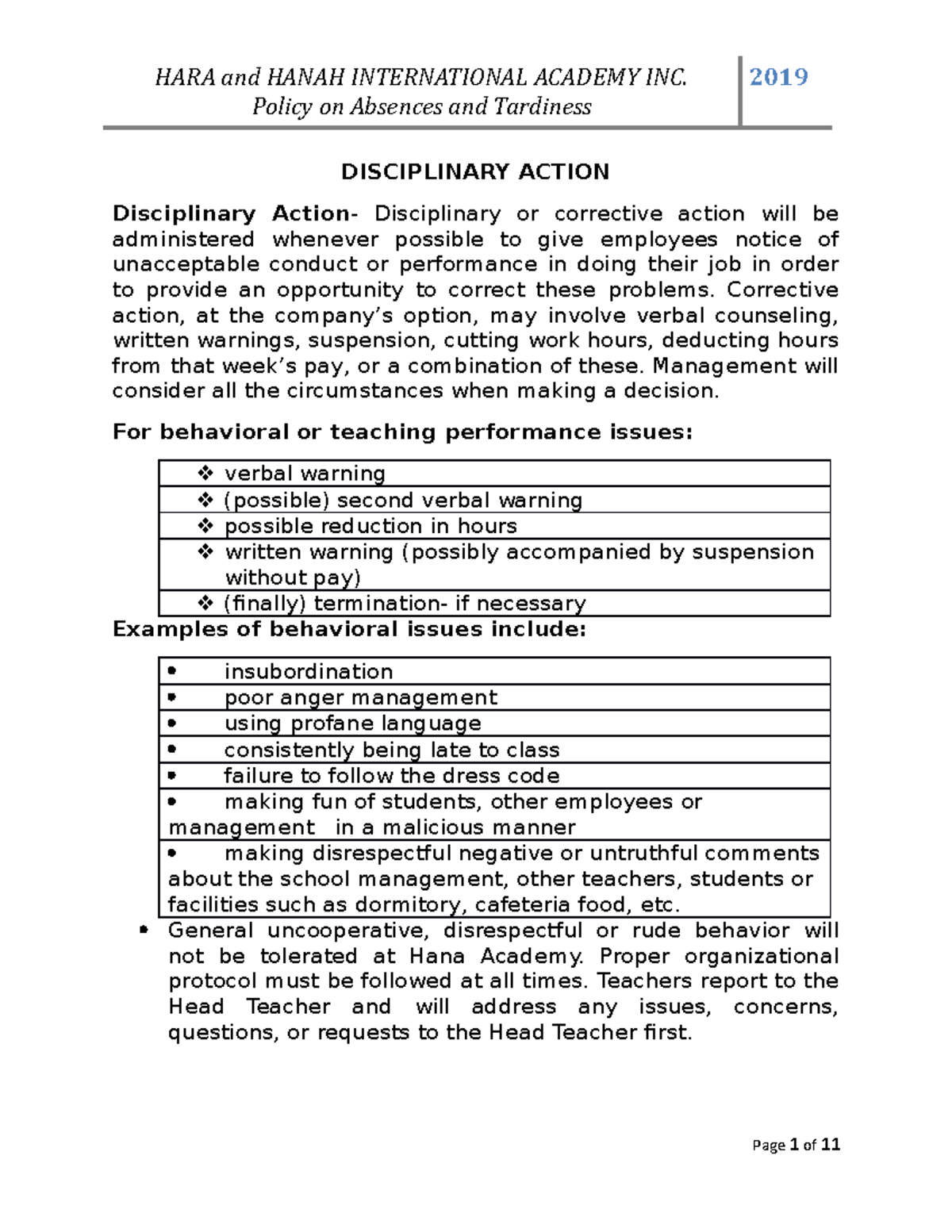 Disciplinary Action Policy On Absences And Tardiness DISCIPLINARY