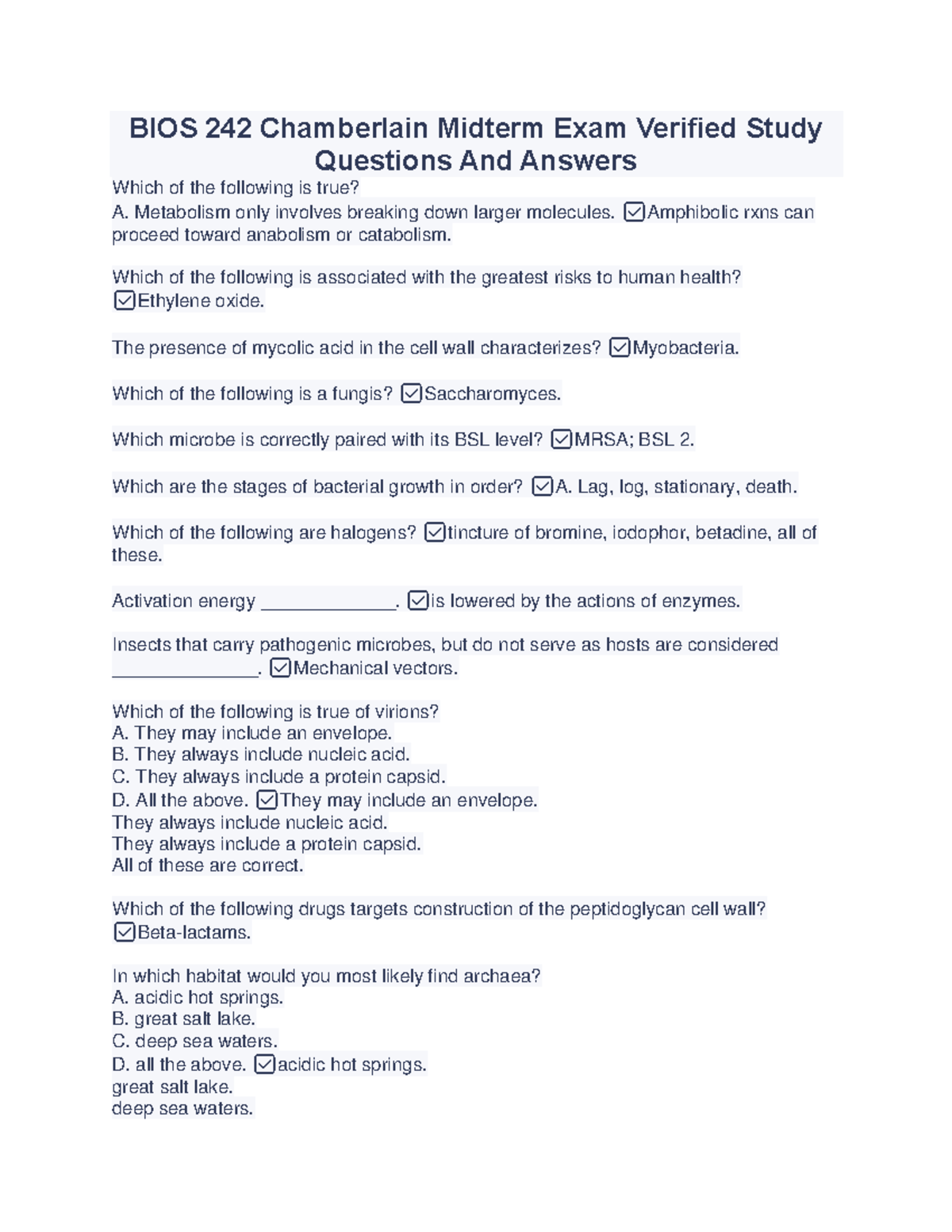 BIOS 242 Chamberlain Midterm Exam Verified Study Questions And Answers ...