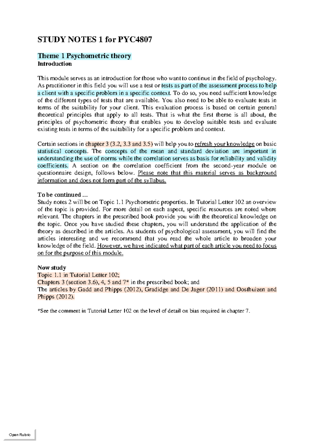 Study Notes 1 for PYC4807 - STUDY NOTES 1 for PYC Theme 1 Psychometric ...