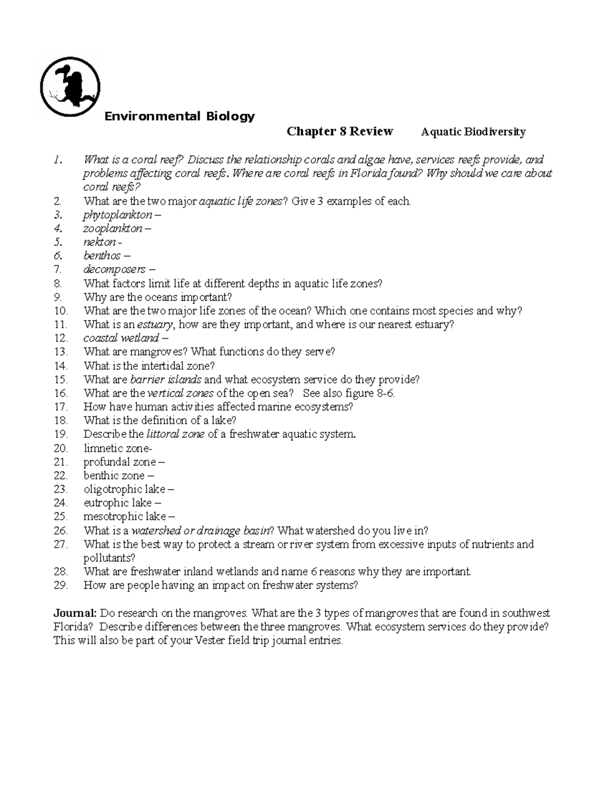 Review Chapter 8 2012 - Environmental Biology Chapter 8 Review 1. 2. 3 ...