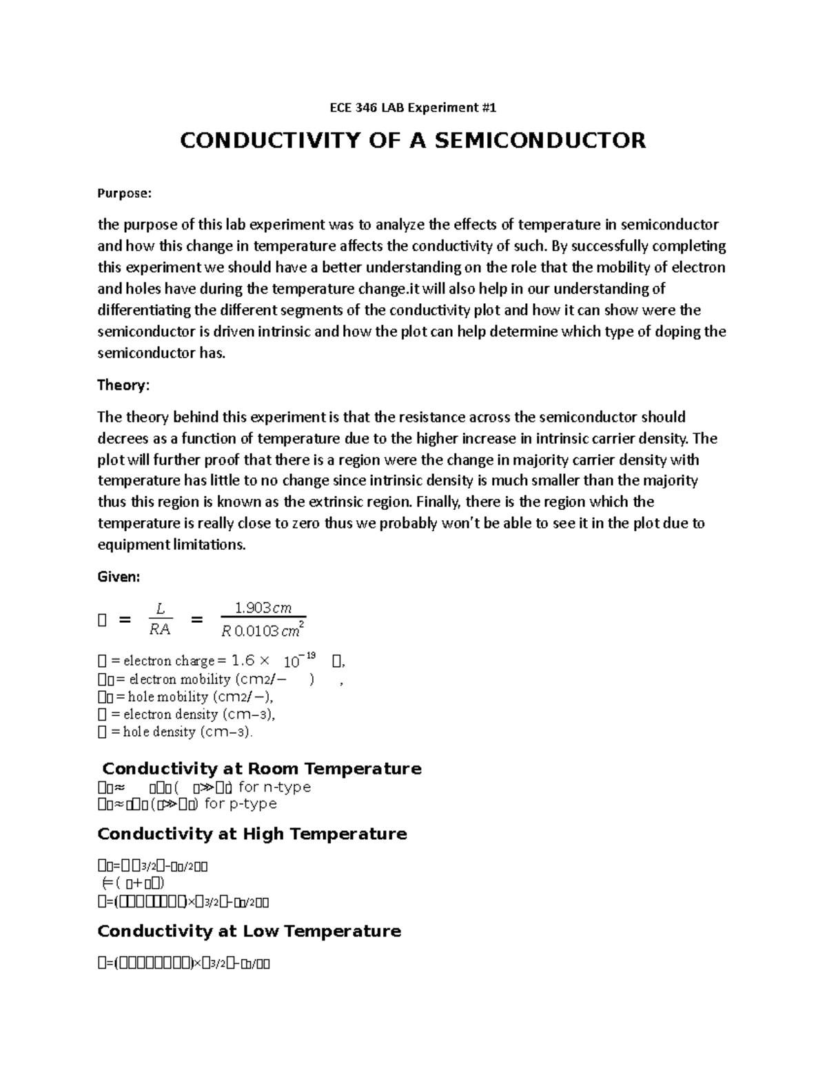 Ece 346 lab 1 - ECE 346 LAB Experiment #1 CONDUCTIVITY OF A ...