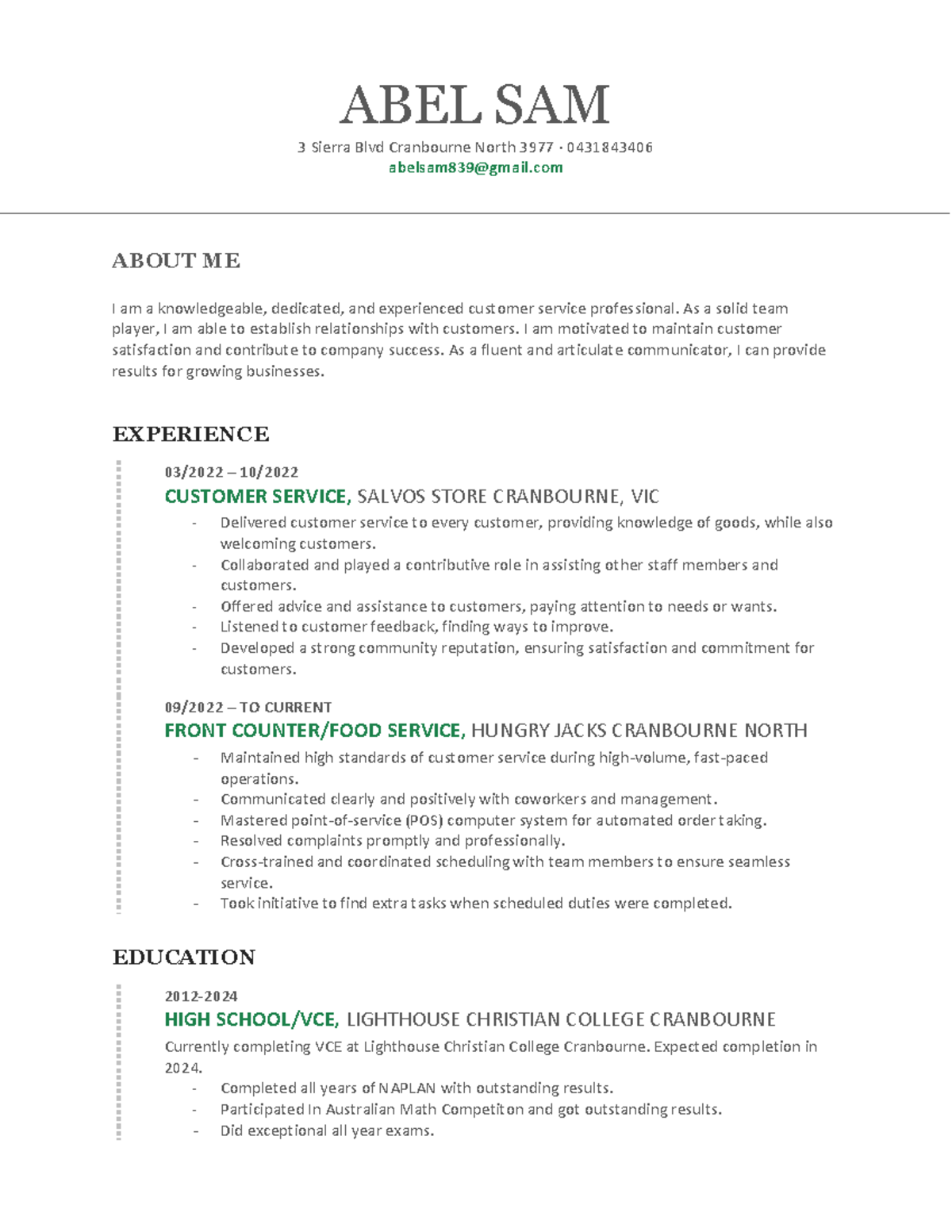 Sample Resume Yup - ABEL SAM 3 Sierra Blvd Cranbourne North 3977 ...