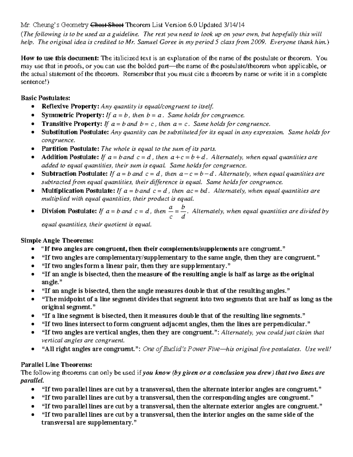 Geometry Theorem Sheet Mr Cheungs Geometry Cheat Sheet Theorem List Version 6 Updated 314 