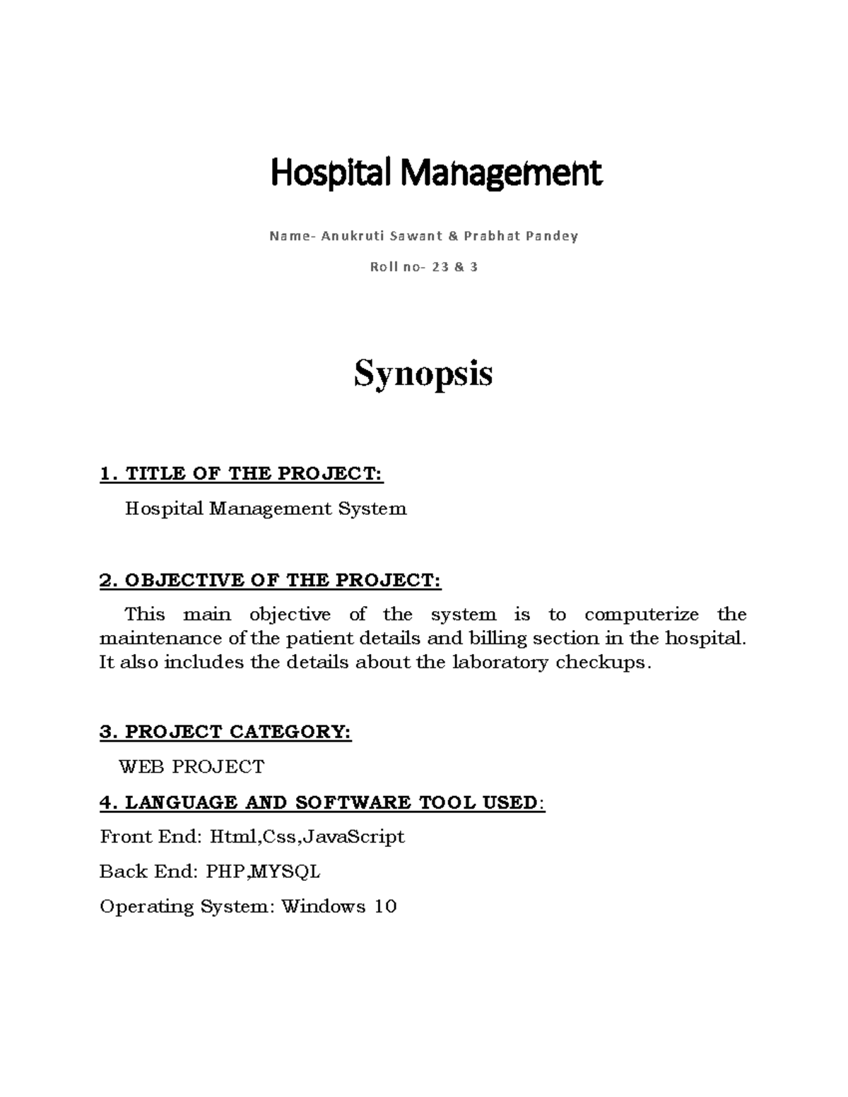 hospital thesis synopsis