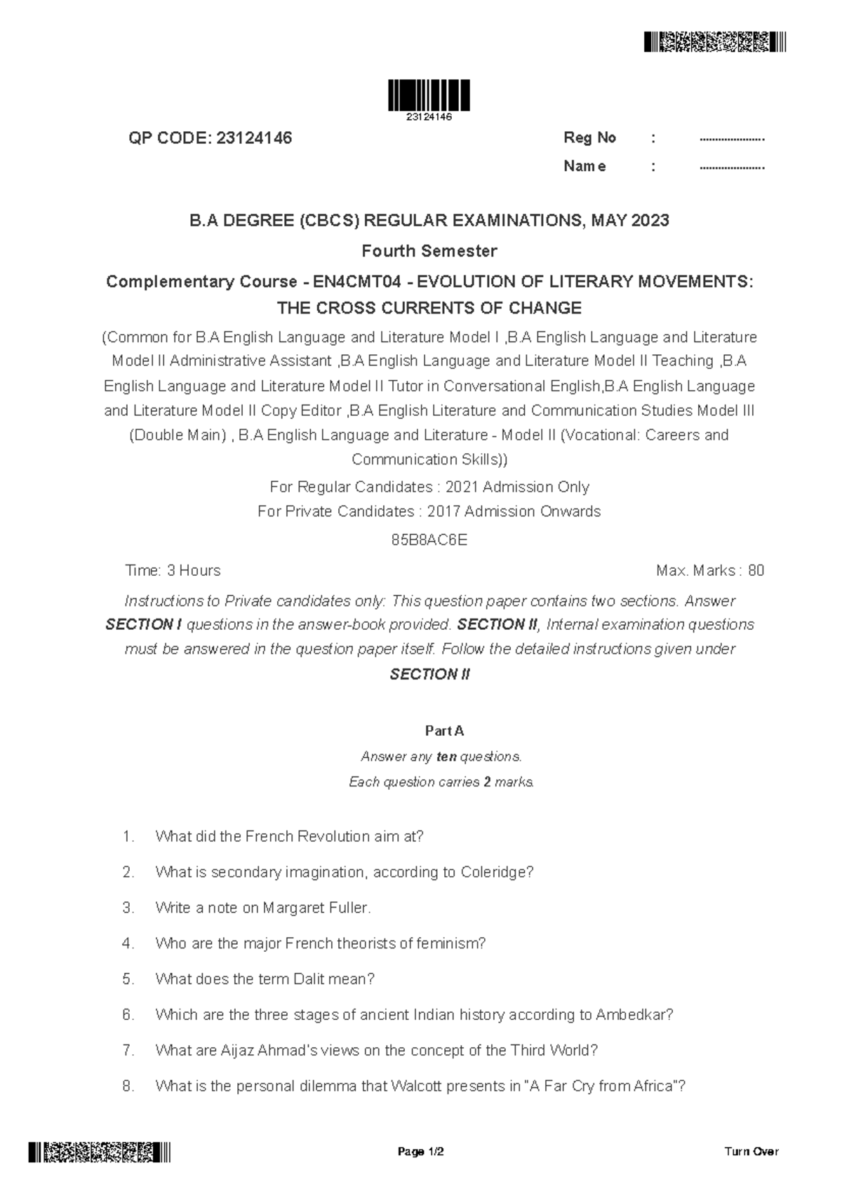 23124146 - Answer key of cross currents - QP CODE: 23124146 Reg No