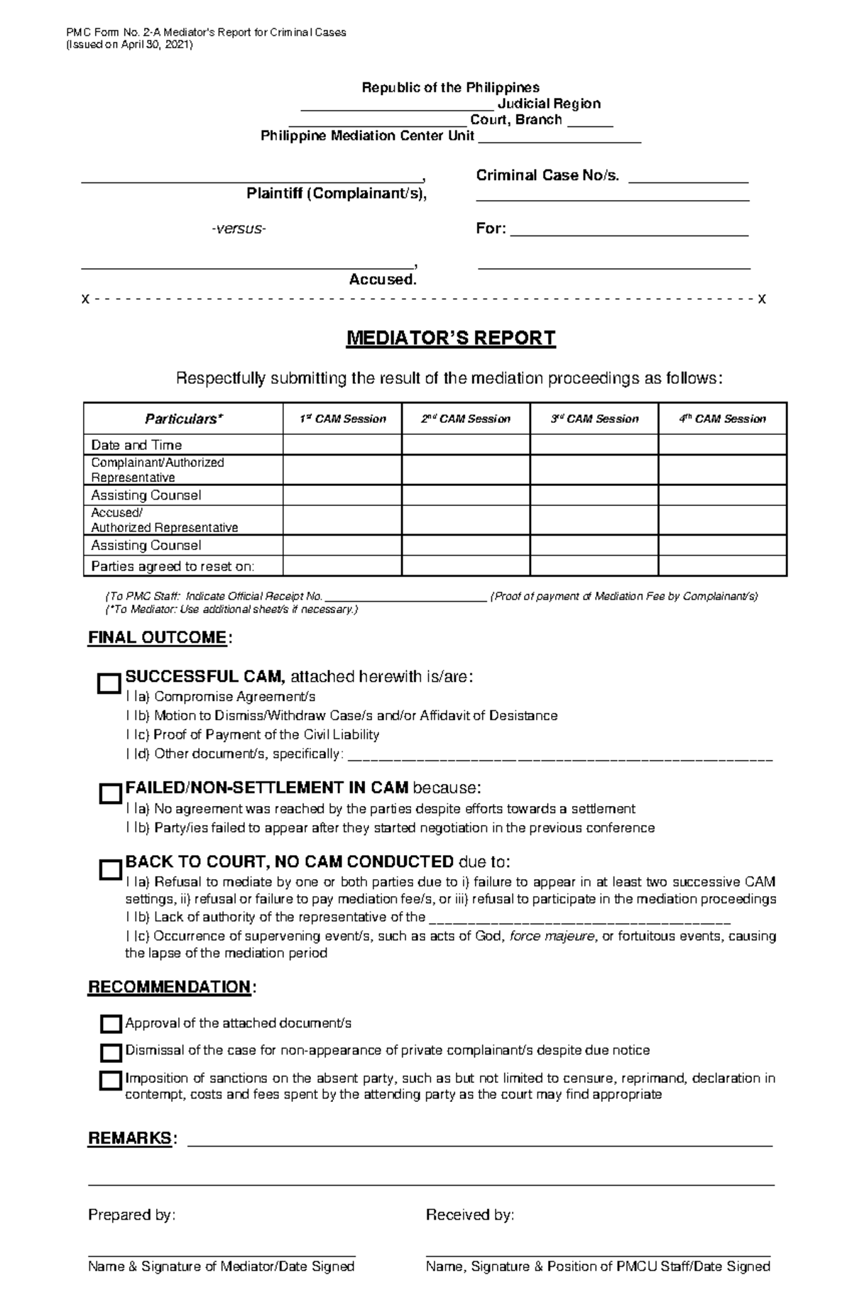 01A PMC Form 2-A Mediator s Report in Criminal Cases (4 - PMC Form No ...