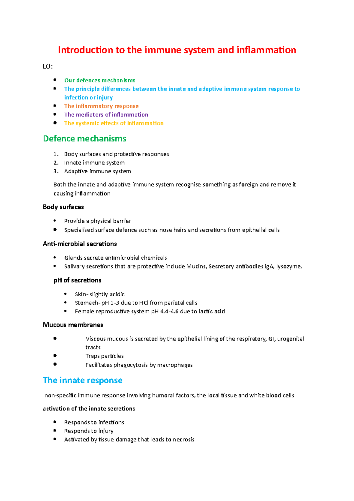 Week 1 intro to immune system and inflamation - Introduction to the ...