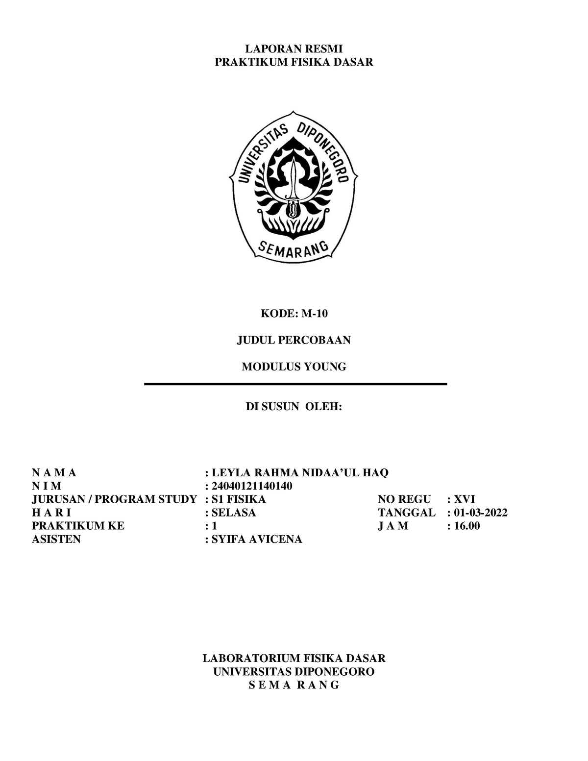 Laporan Praktikum Fisika Dasar M10 - LAPORAN RESMI PRAKTIKUM FISIKA ...