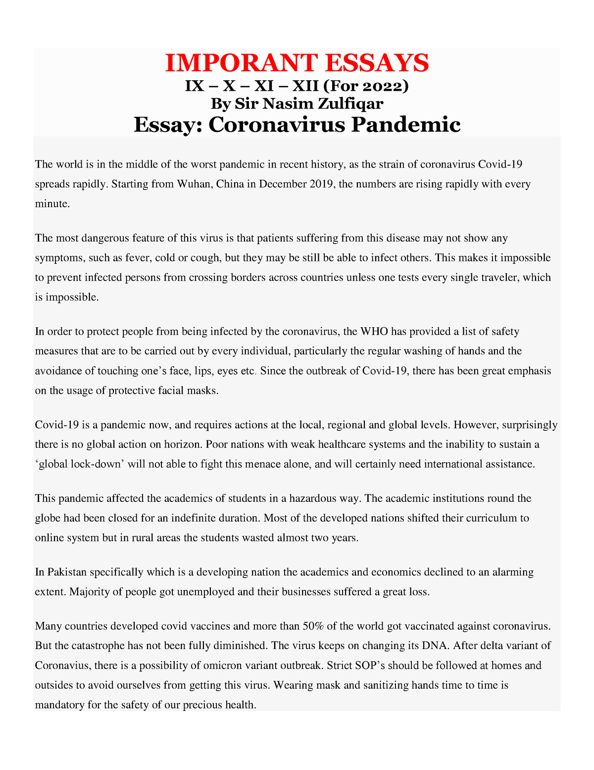 important essays for 9th class 2022