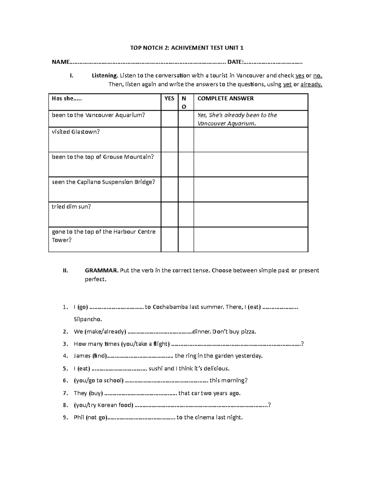 312126237 TOP Notch 2 unit 1 test TOP NOTCH 2 ACHIVEMENT TEST UNIT 1