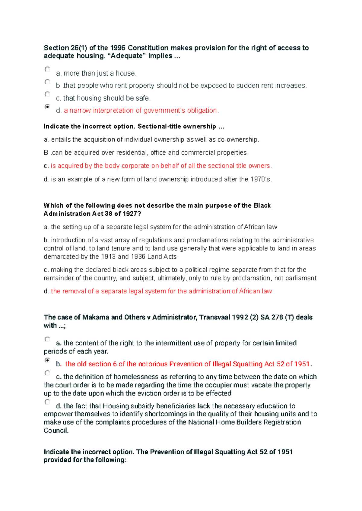 My own MCQ LAH3701 - Section 26(1) of the 1996 Constitution makes ...