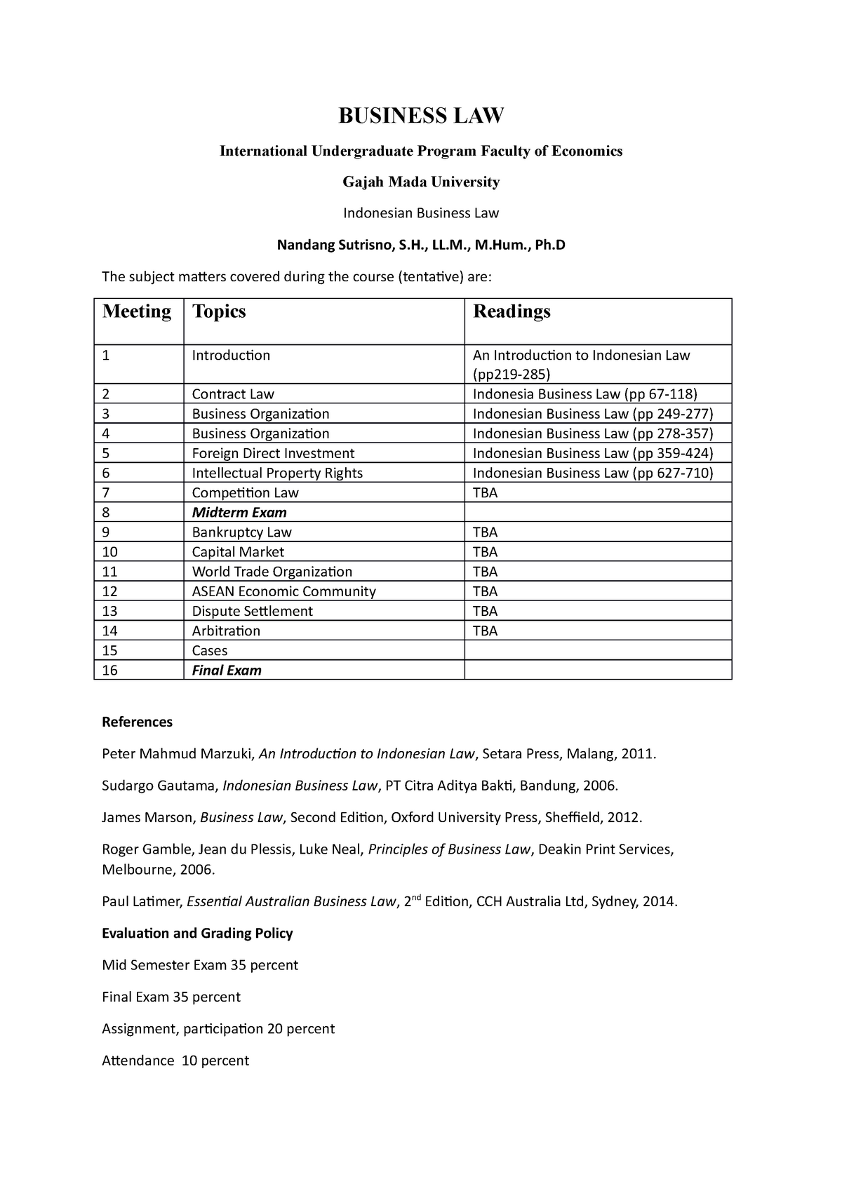 Syllabus - BUSINESS LAW International Undergraduate Program Faculty Of ...