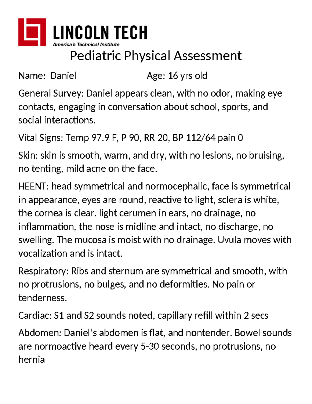 adolescent Physical Assessment Pediatric Physical Assessment Name