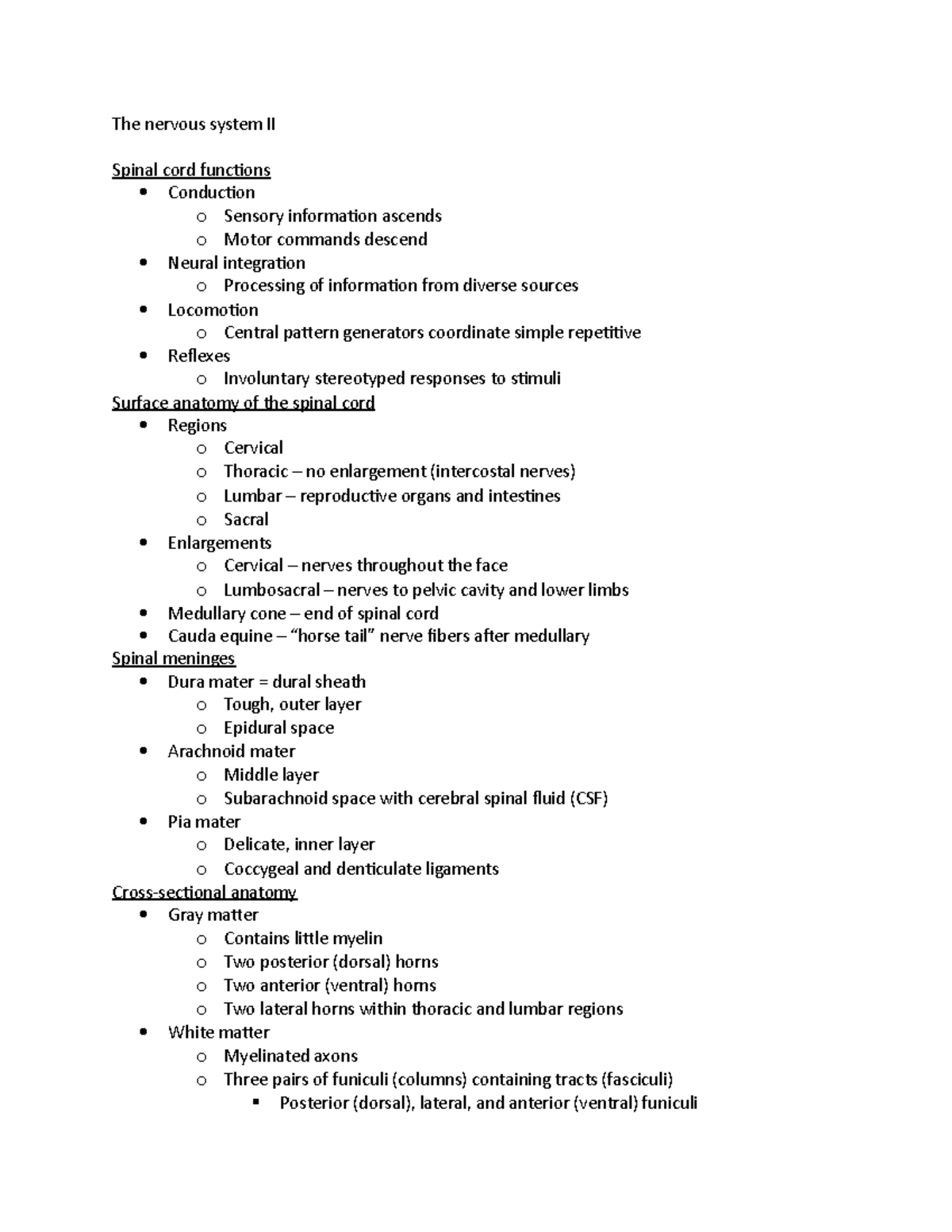 Anatomy ch 14 - ch 14 - The nervous system II Spinal cord functions ...
