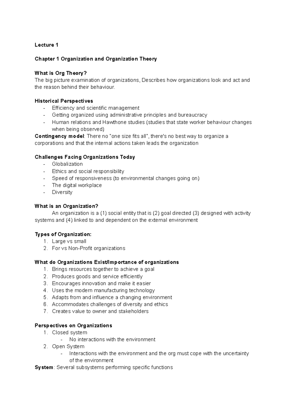 Organizational Theory - Lecture 1 Chapter 1 Organization and ...
