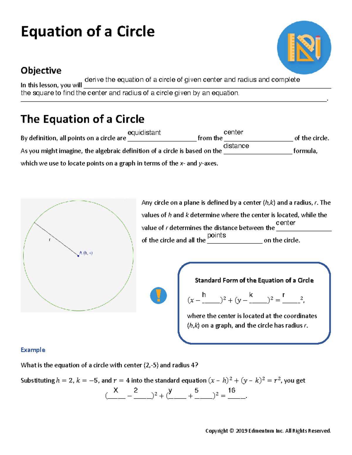 Guided Notes - Equation of a Circle - Equation of a Circle Objective In ...