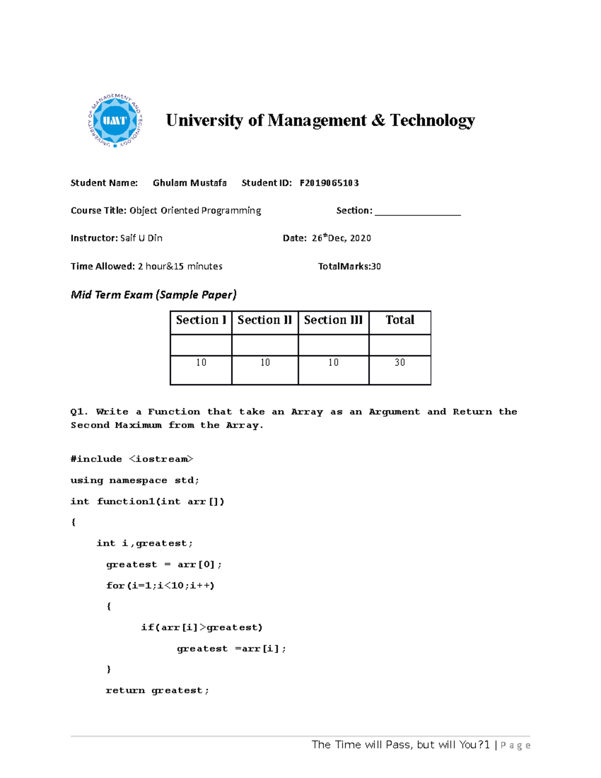 OOP C++ practical questions - University of Management & Technology ...