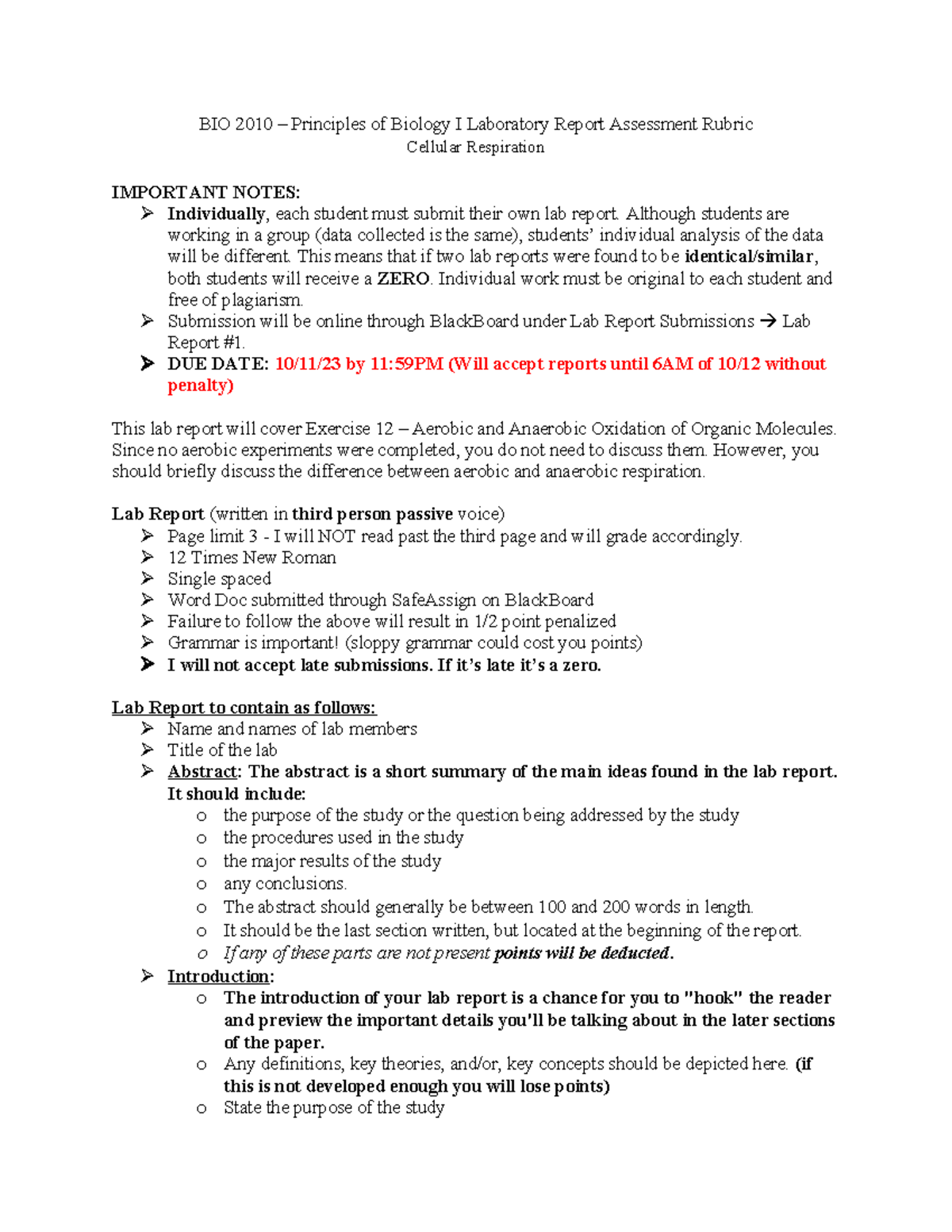 BIO 2010 Cellular Respiration Rubric - BIO 2010 – Principles of Biology ...