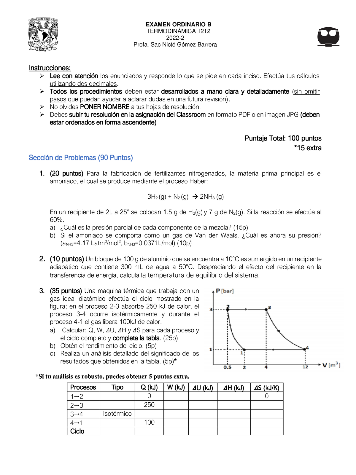 Examen Ordinario B 2022 2 - EXAMEN ORDINARIO B TERMODINÁMICA 1212 2022 ...