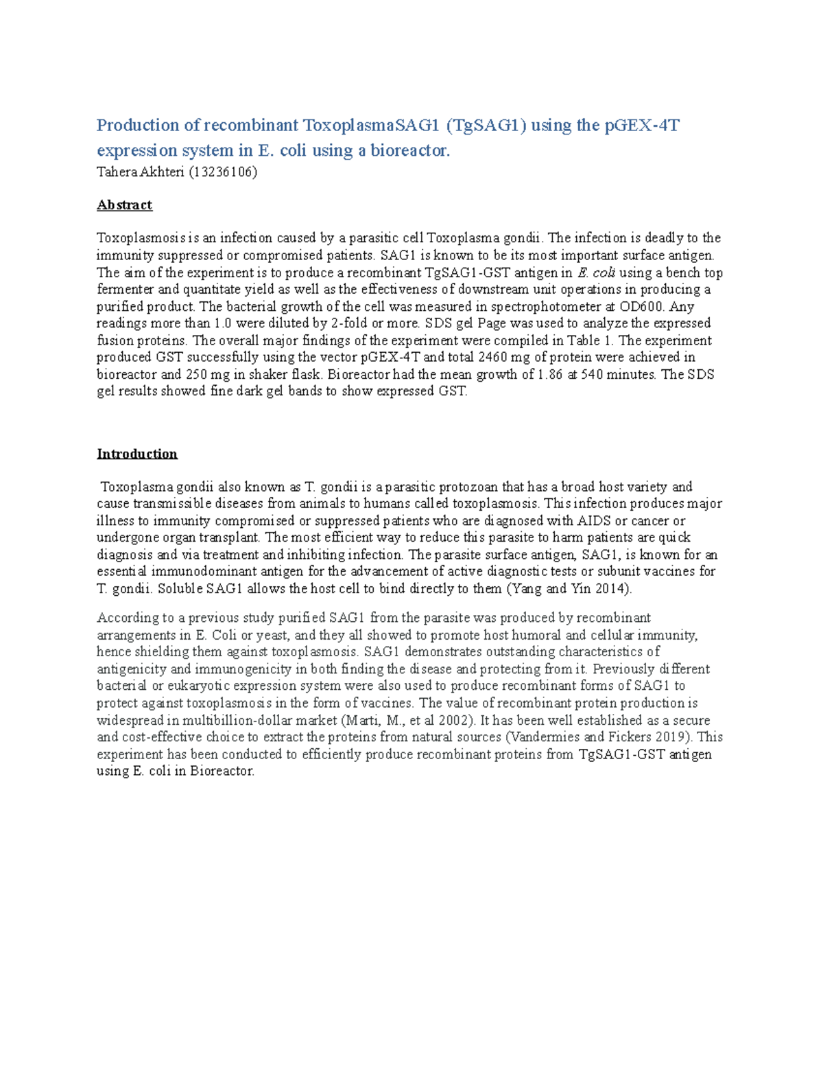 Report 2 - Production of recombinant ToxoplasmaSAG1 (TgSAG1) using the ...