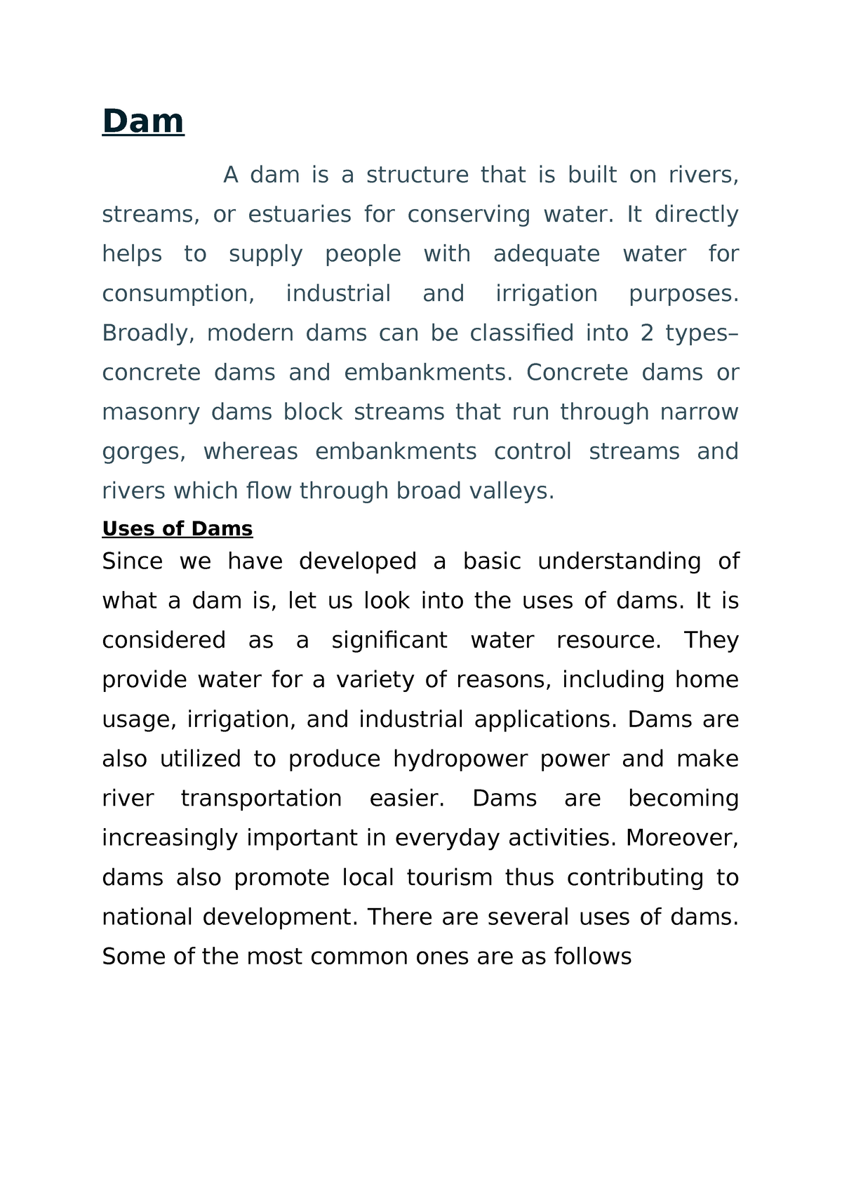 uses of dam essay