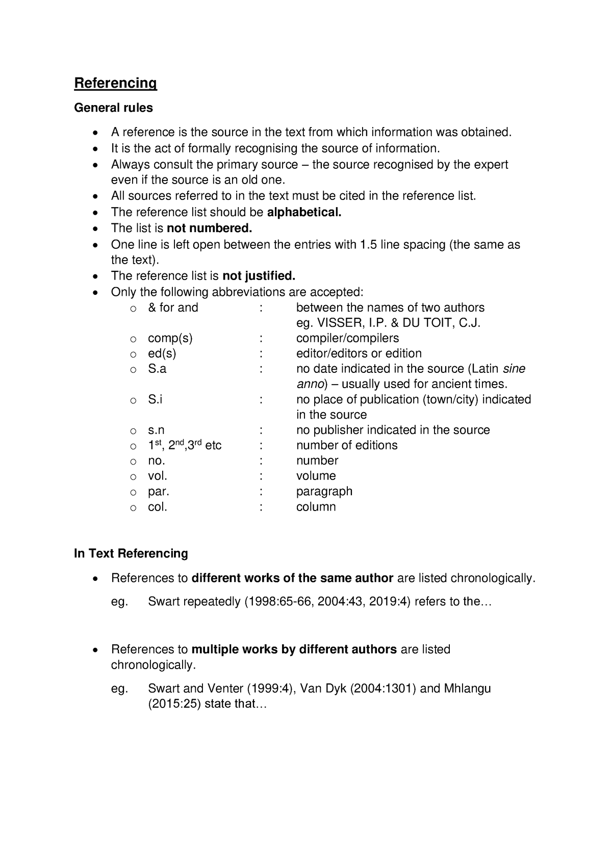 Vut Referencing - NOTES - Referencing General rules A reference is the