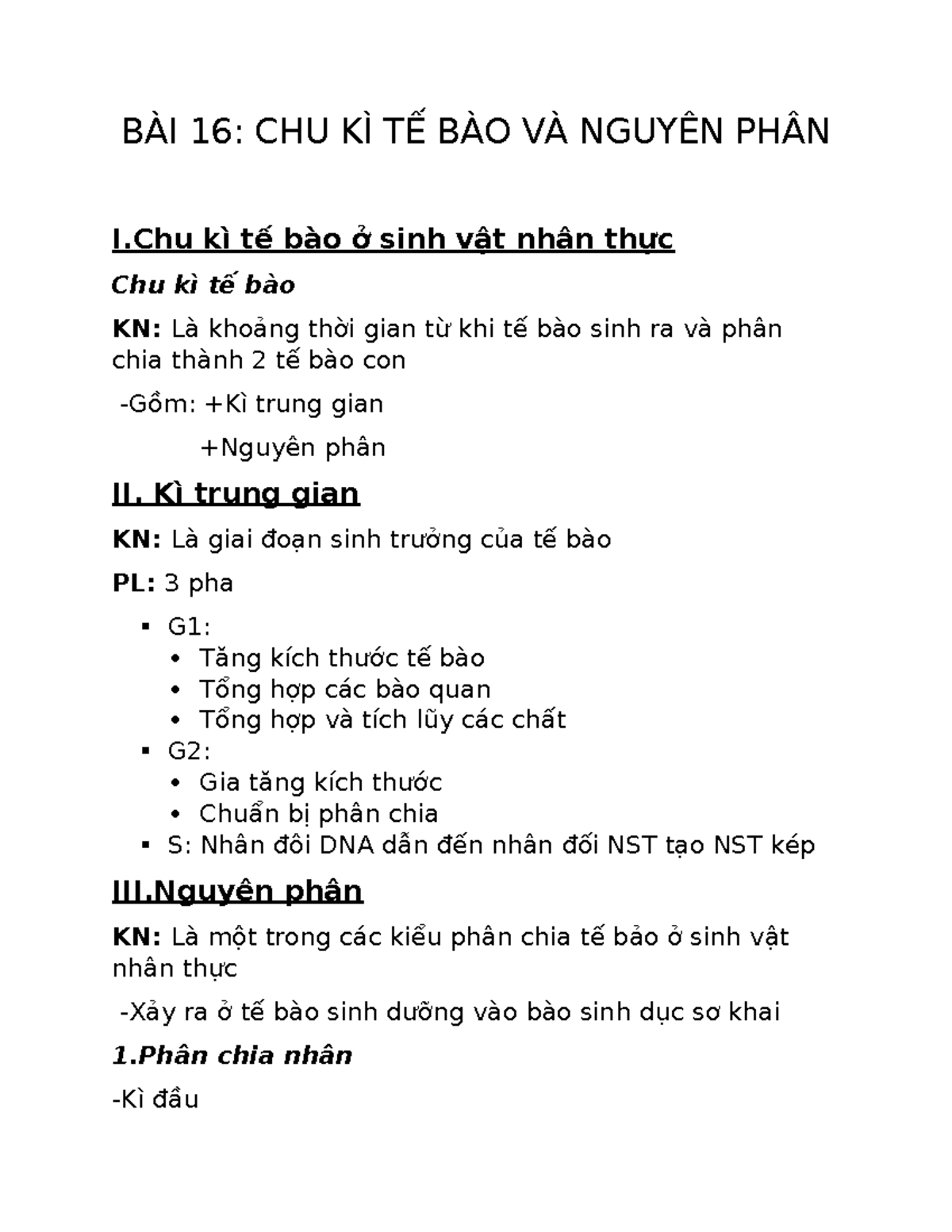 BÀI 16 Sinh học 10 - BÀI 16: CHU KÌ TẾ BÀO VÀ NGUYÊN PHÂN I kì tế bào ở ...